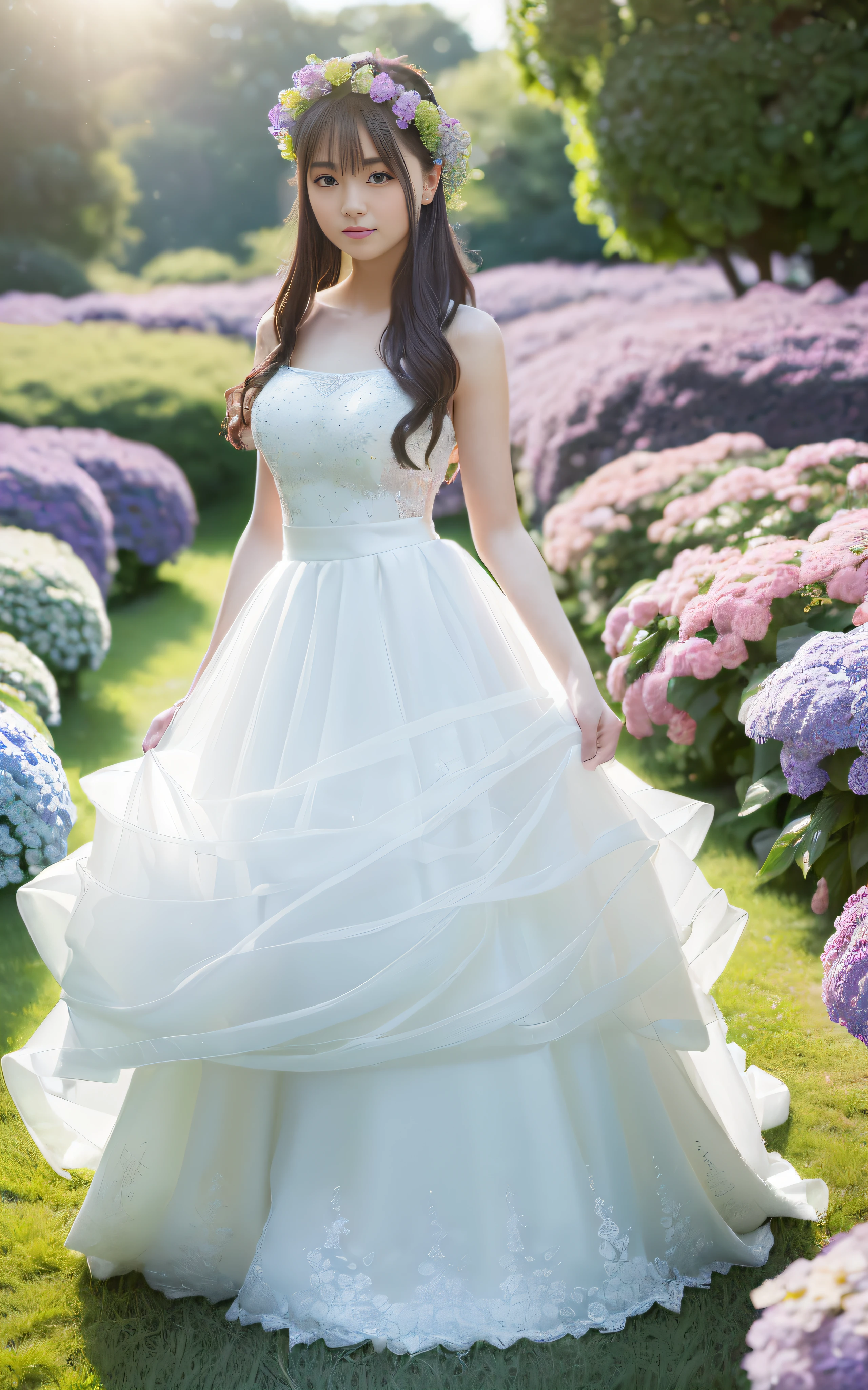 ((((Full body photo))),((((Slim body)))),20 years old, twilight rays, wedding dress, flower crown, ((Tokugawaen))), hydrangea foreground bokeh, bokeh, photorealistic, surrounded by hydrangeas, background dark, smiling, (1 girl), (sunset:1.3), (8k, raw photography, best quality, masterpiece:1.2), (realistic, photorealistic:1.37), Best Quality, Ultra High Resolution, (Focus Surface: 1.8), (Portrait Surface: 1.7), (Intense: 1.1), (Details: 1.1), (Highest Quality), (Analog: 1.2), (High Sharp), Canon EOS R Photography, (Summer Dress: 1.4), (Standing in a Flower Garden: 1.3), (Bright and Colorful: 1.3)