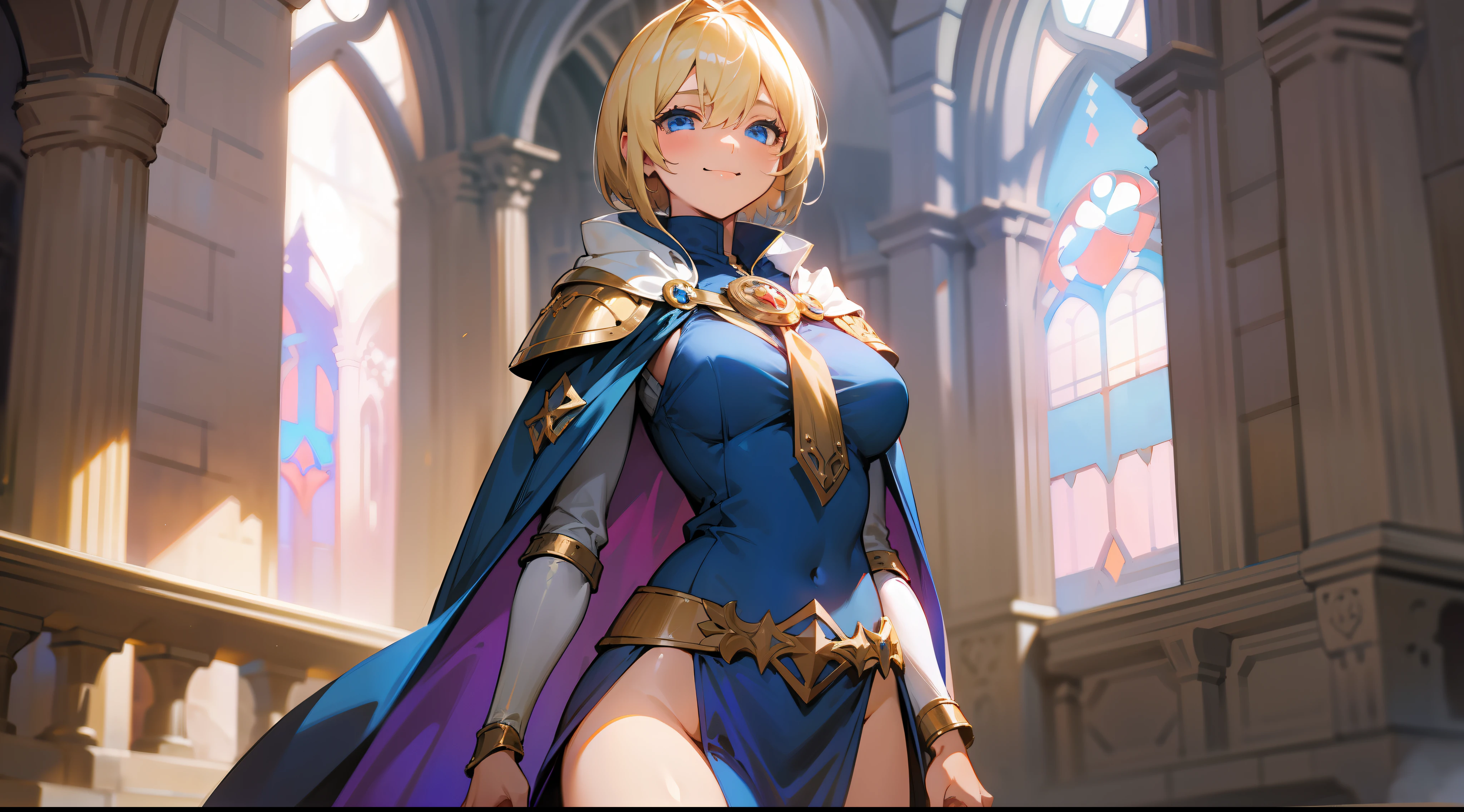 a girl, cleric, blonde, short hair, bright blue eyes, beautiful breasts, hair between eyes, bangs, full body, confident, heroic posture, smiling, cape, fantasy, medieval, at dusk