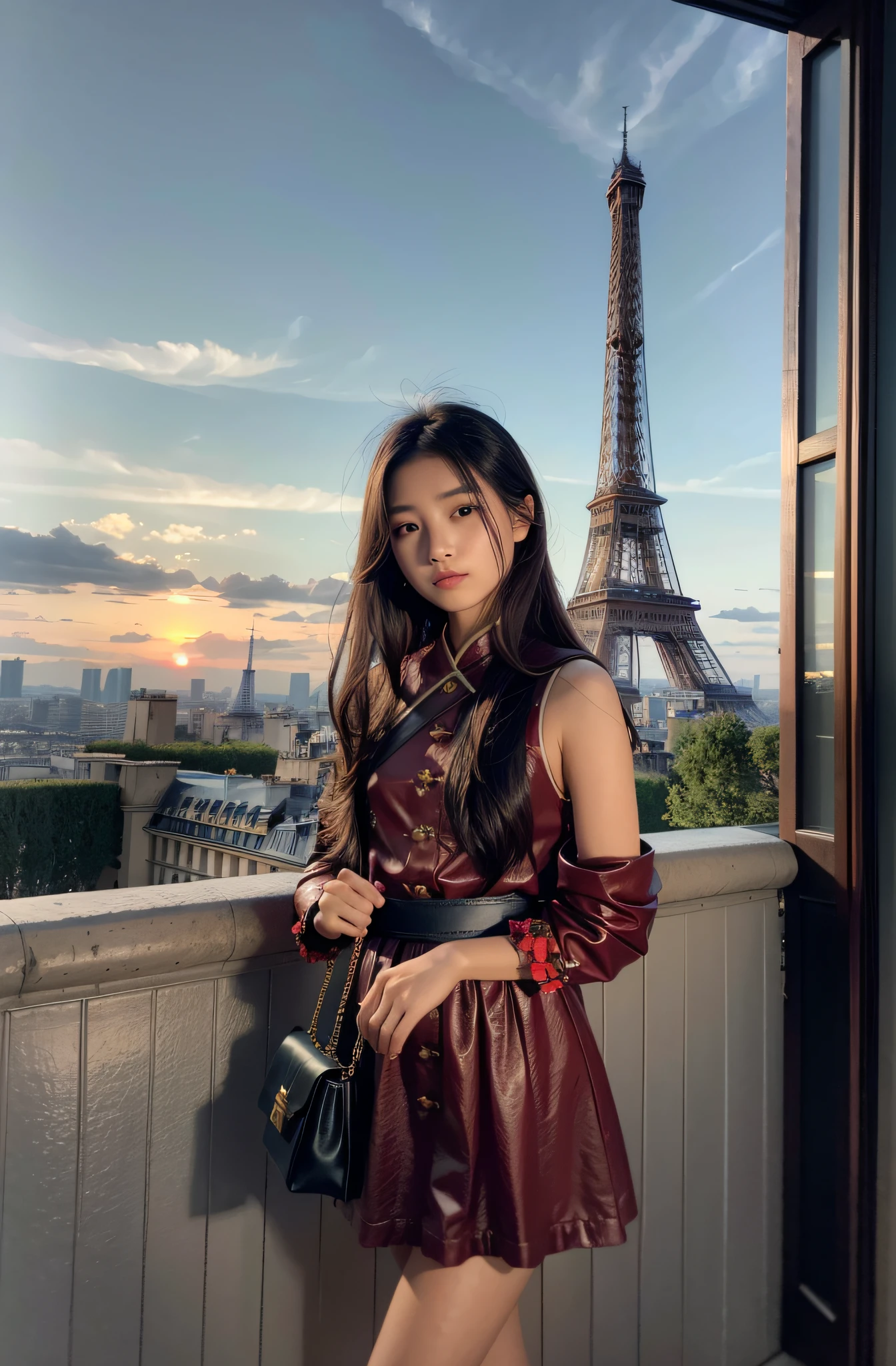 (Realisticity: 1.3), Fine, Quality, Rembrandt Lighting, (Masterpiece: 1.2), (Realisticity: 1.2), (Best Quality), (Skin Detail: 1.3), (Intricate Detail), Dramatic, Ray Tracing, 1girl, Chinese Girl, Brunetette, 21 years old, Medium Tits, Single Eyelid, Small Eyes, Hermes bag in hand, White dress (background meadow, sunset, sun, clouds, Eiffel Tower, five red balloons)