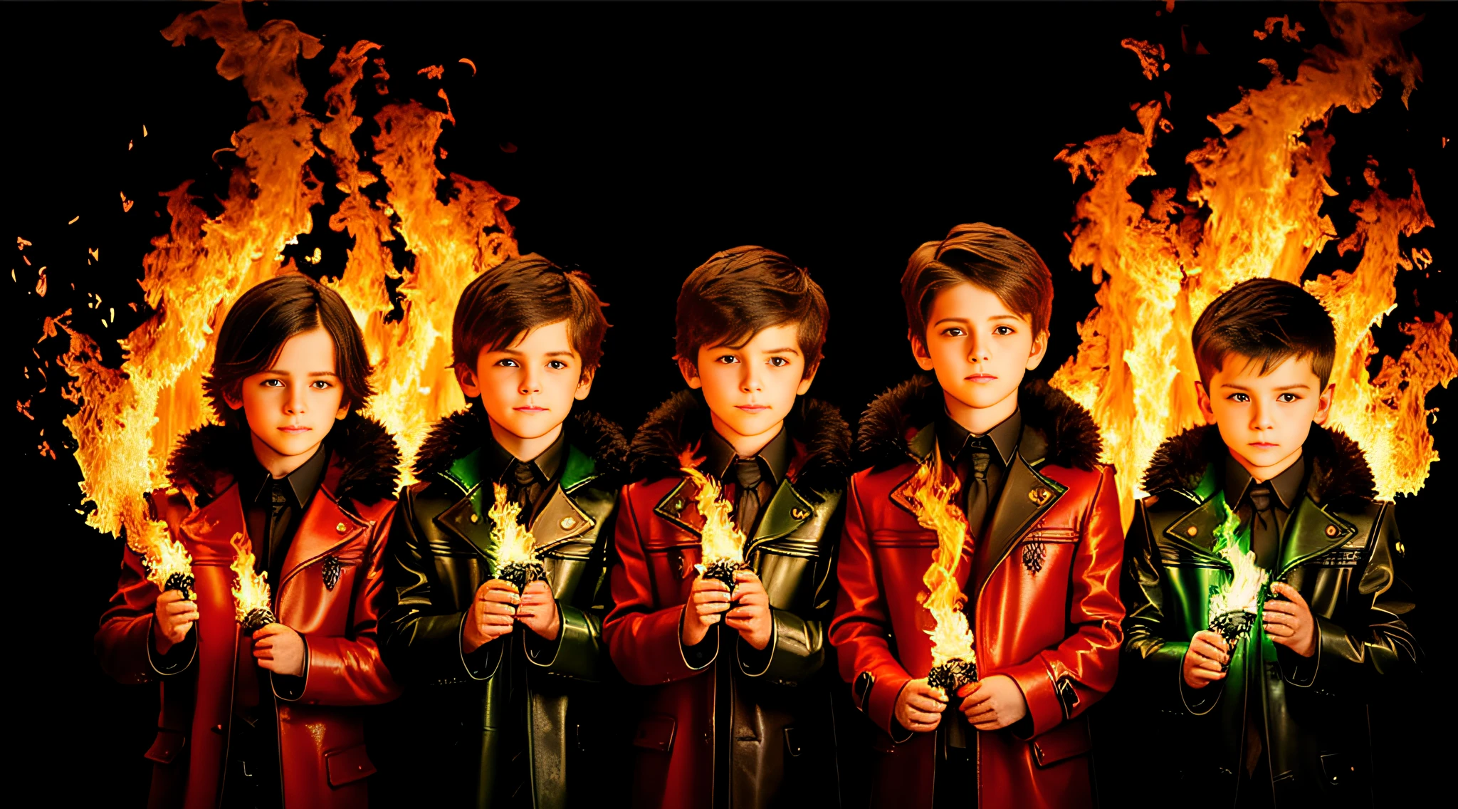 4 BOYS Russian children with 20 years of age, WITH LONG DARK STRAIGHT HAIR, WITH GREEN LEATHER OVERCOAT, PORTRAIT STYLE, flames are flying through the air on a black background, bright flame colors, colored fire, energy flows of water and fire,