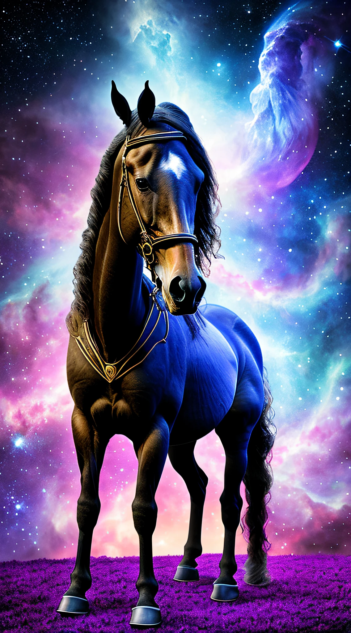 Photograph taken from afar of a humanoid horse in full royal costume sitting on the throne, background nebula ((best anatomy)) hyperrealism, realism, proportionality, total quality, stylization