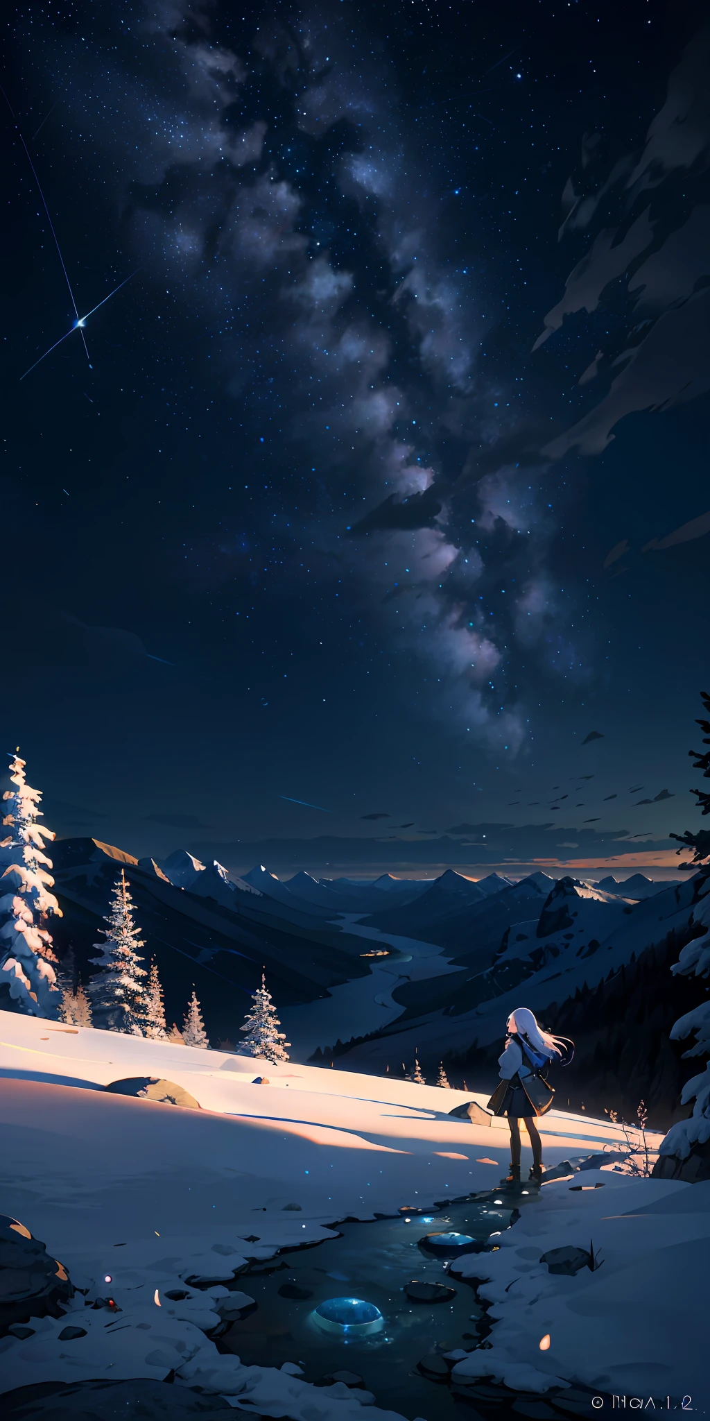 Vast landscape photos, young girl looking up at the starry sky,
Mountains, trees, stones, rivers, full moons,
(Masterpiece: 1.2), (Best Quality), 4K, Ultra Detail, (Dynamic Composition: 1.4), Highly Detailed, Colorful Detail, ( Iridescent Color: 1.2), (Glow Illumination, Atmospheric Illumination), Dreamy, Magical