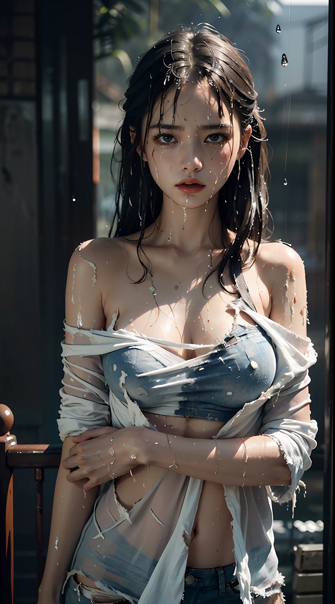 Best picture quality, masterpiece, ultra high resolution, (fidelity :1.4), photo, 1 girl,[(sadness)],white shirt, Dim, dark, desperate, pitying, pitiful, cinematic,tear,teardrop,(Torn clothes:1.5), (Wet clothes:1.4), bare shoulders,Real rain,wet hair,..