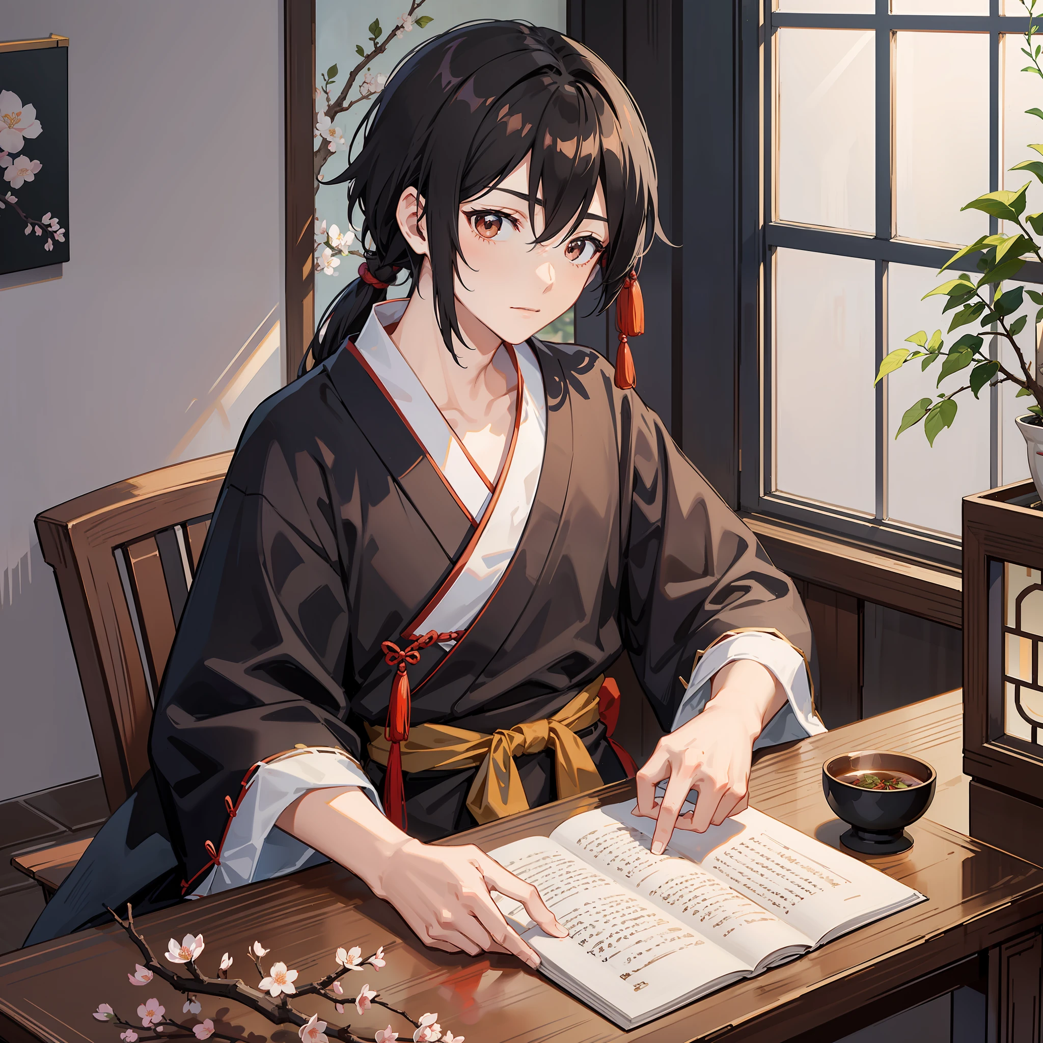 Anime style, ancient style, boys, Chinese, black hair, brown hanfu, peach blossoms outside the windows inside the house, spring transition summer, a person sitting next to the desk, making tea, best quality, masterpiece, light and shadow rendering