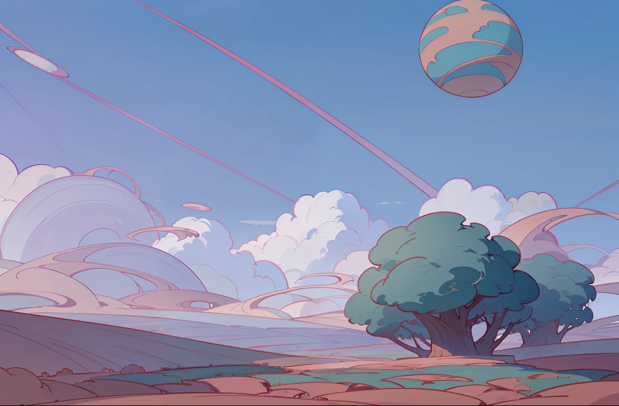 Day sky, landscape view of land, (((big planet on the sky))), clouds, tress, sunlight, flowers --auto --s2