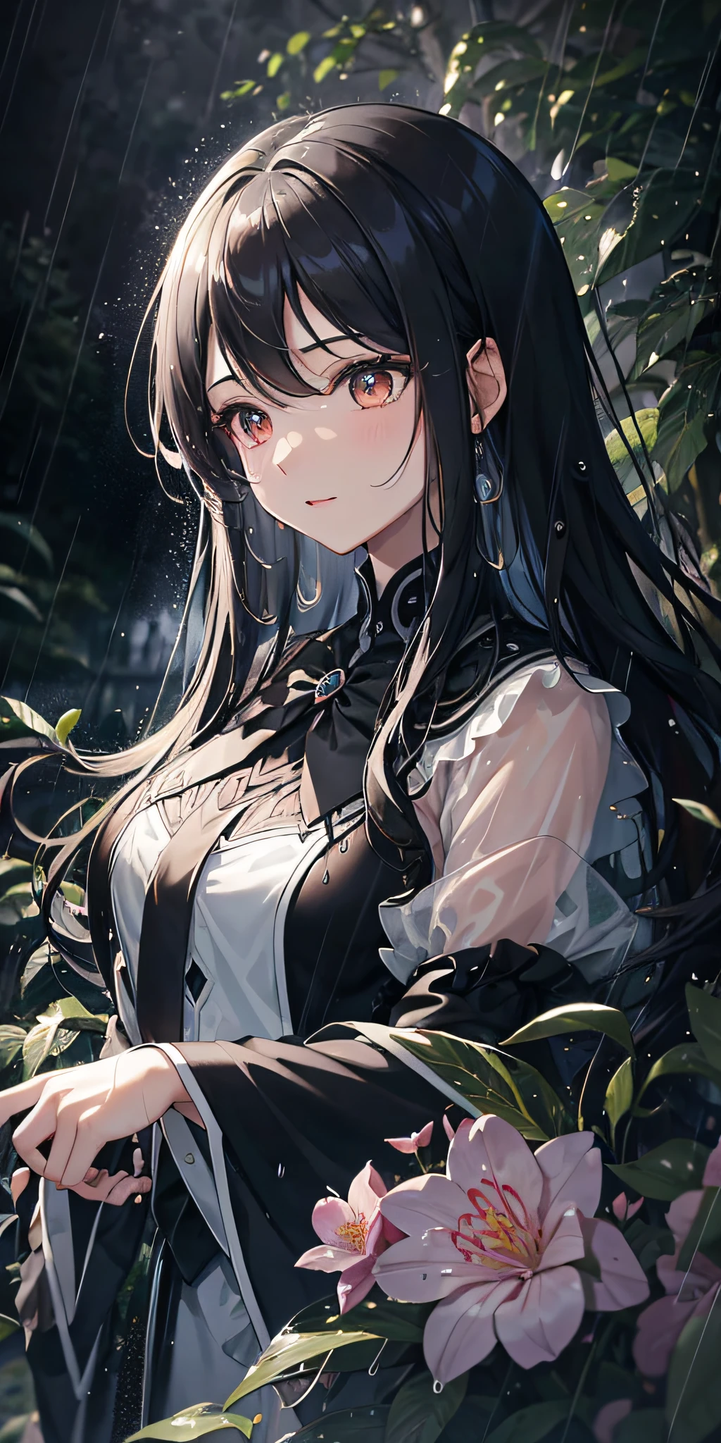 Black winged girl in the rain, translucent blouse, side face detail, long curly hair, black wings blooming, flowing and dynamic, photo quality, best image quality, excellent clarity, water drops rain, extremely soft, wet atmosphere only the sound of rain and pouring water droplets, intertwined with birdsong and floral fragrance, creating a fairytale atmosphere