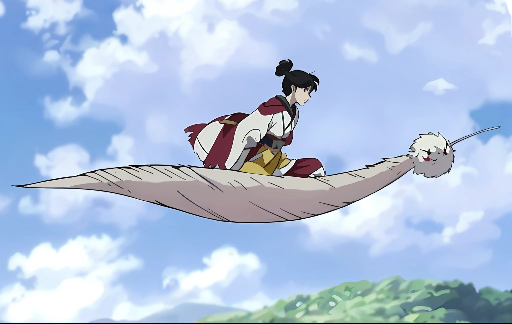 araffe flying through the air with a sword in its hand, inuyasha, flying anime esper, a woman floats in midair, style in ghibli anime, anime movie screenshot, ghibli spirited away vibe, mizutsune, soaring through the sky, screenshot from a 2012s anime, character is flying, haibane renmei