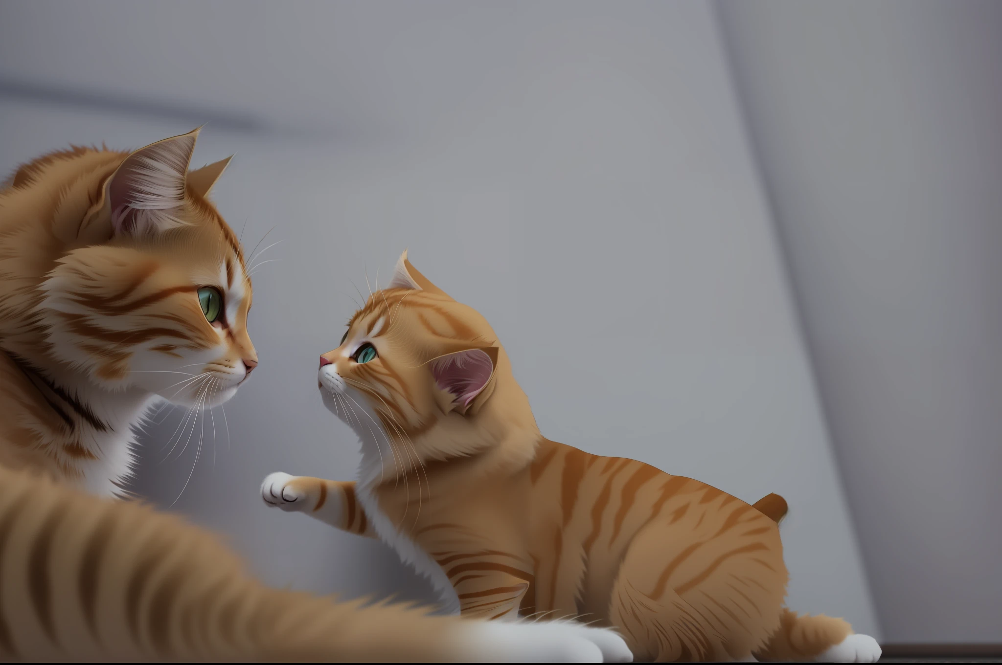 The two cats look at each other, the female cat is on the left, the kitten is on the right, Disney-style cartoon image, the hair is delicate, the female cat coat color is golden tabby, and the kitten coat color is gold gradation