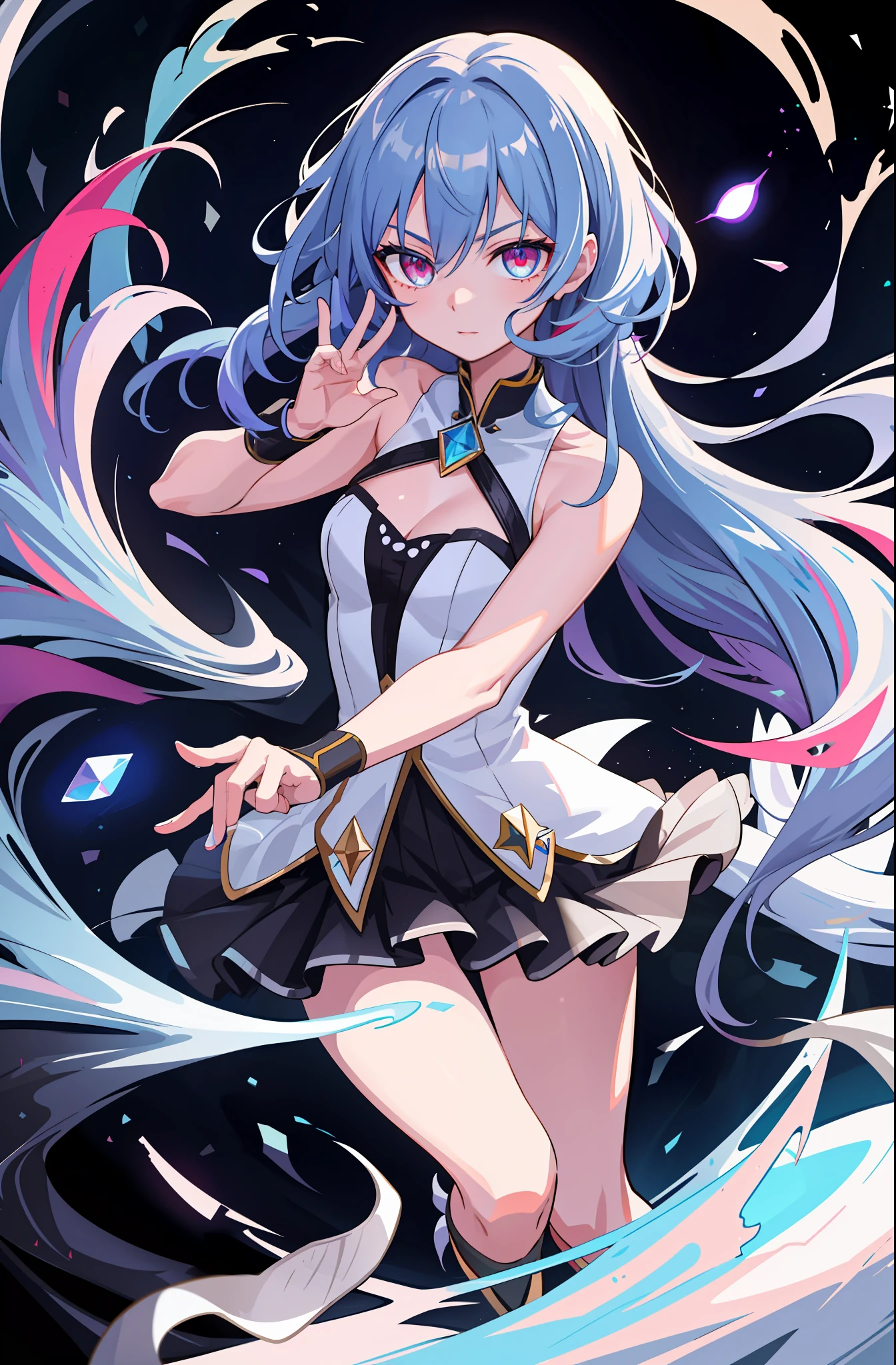 (fine, sharp images, super resolution, extremely amazing detail, awesome detail), subsurface scattering, masterpiece, best quality, high quality, 1girl, solo, dynamic pose, prism eye, prism hair, prism, serious, [silver|white] + (blue: -0.3) hair, blue + red eyes, gradient eyes, multicolored eyes, calm, upper body, optimal ratio of four fingers and thumb, evening dress, glowing eyes, glowing eyes, glowing white particles, glitter, bloom, Fantasy, caves,