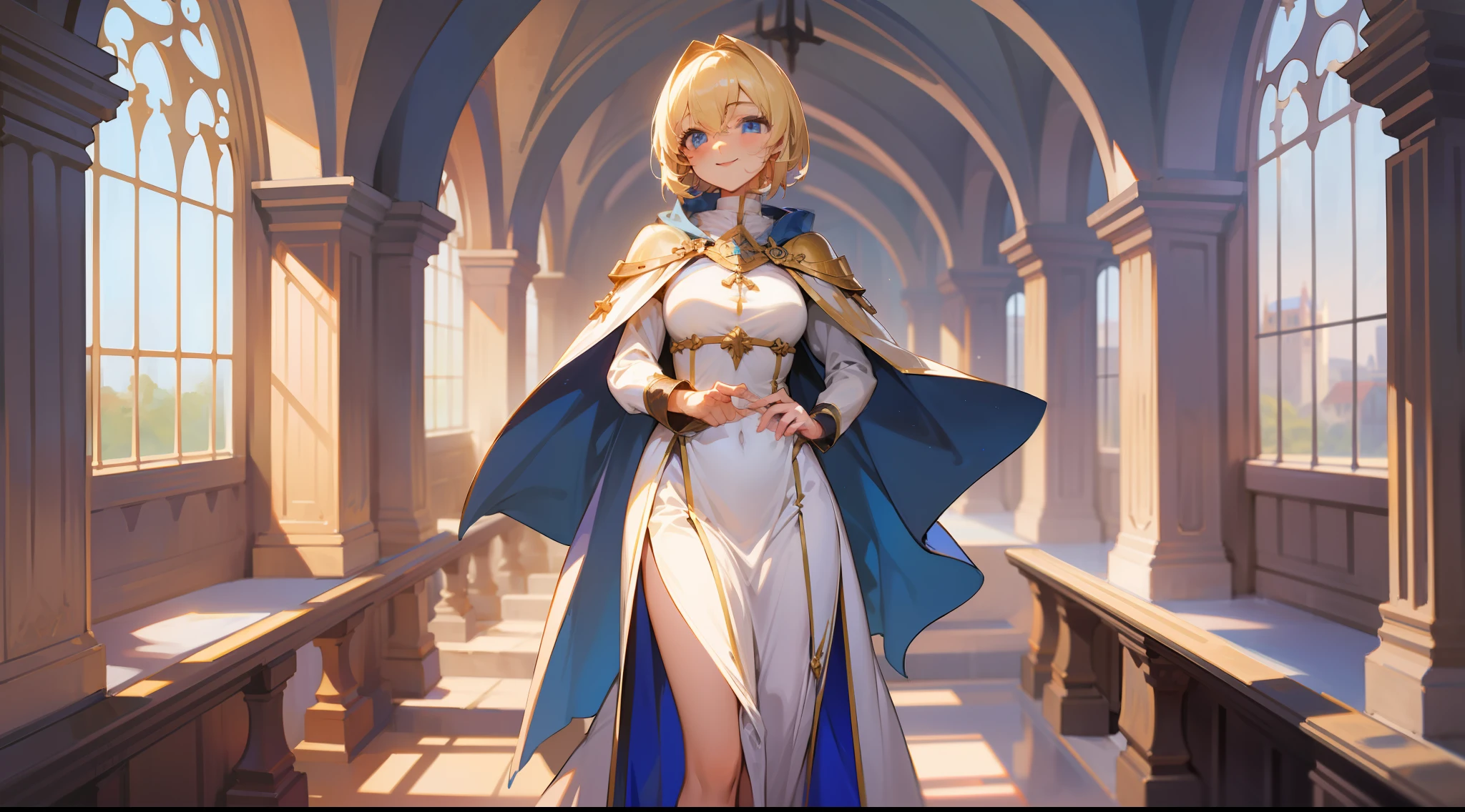 a girl, cleric, blonde, short hair, bright blue eyes, beautiful breasts, hair between eyes, bangs, full body, confident, heroic posture, smiling, white robe, cape, costume, medieval, at dusk