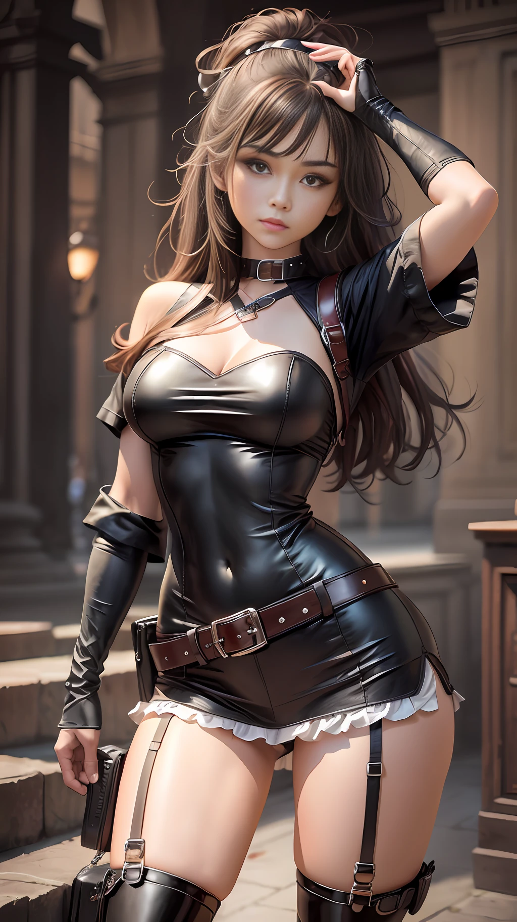 Best quality, super high resolution, beauty, realism, realistic, perfect figure, wearing miniskirt, super shorts, one-piece black stockings, belt buckle super boots