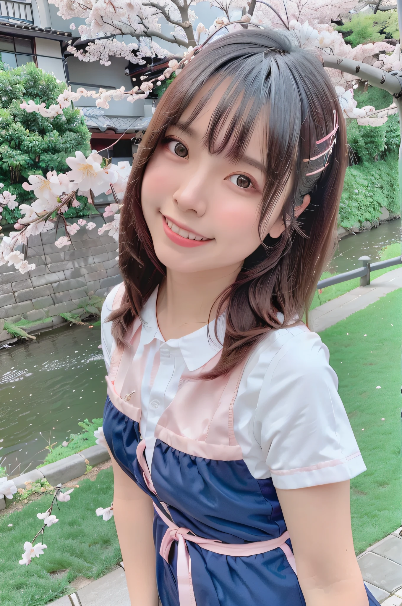 best quality, ultra high res, (photorealistic:1.4),blush,cute,(detailed face),light smile, 
looking at viewer,
upper body, japanese clothes, 
sunny,river,(cherry blossoms),blue sky,