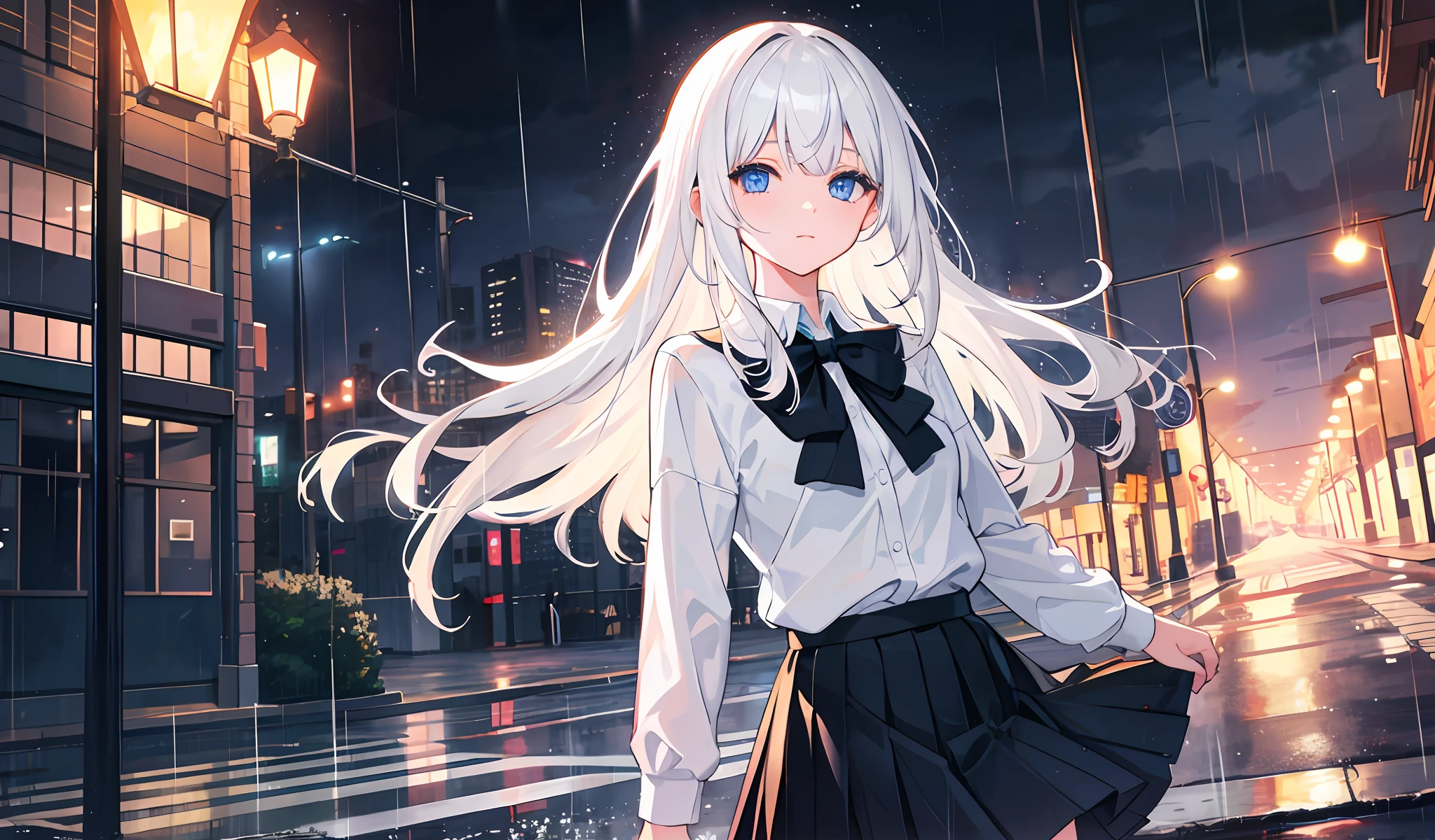 It's raining, white hair, girl, school uniform, black pleated skirt, blue eyes, street lamp, beautiful light, middle bangs