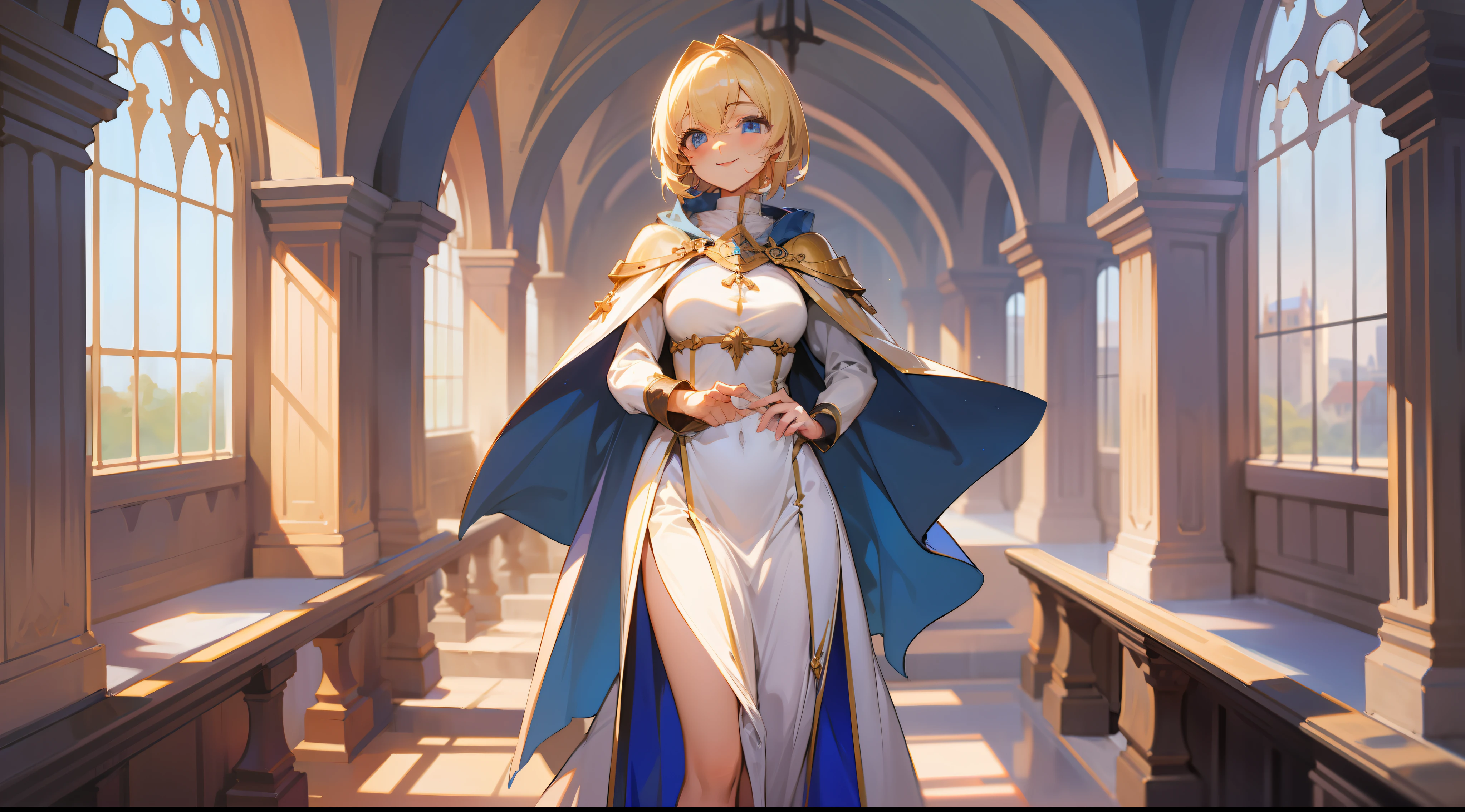 A close up of a woman in a white dress and blue cape - SeaArt AI