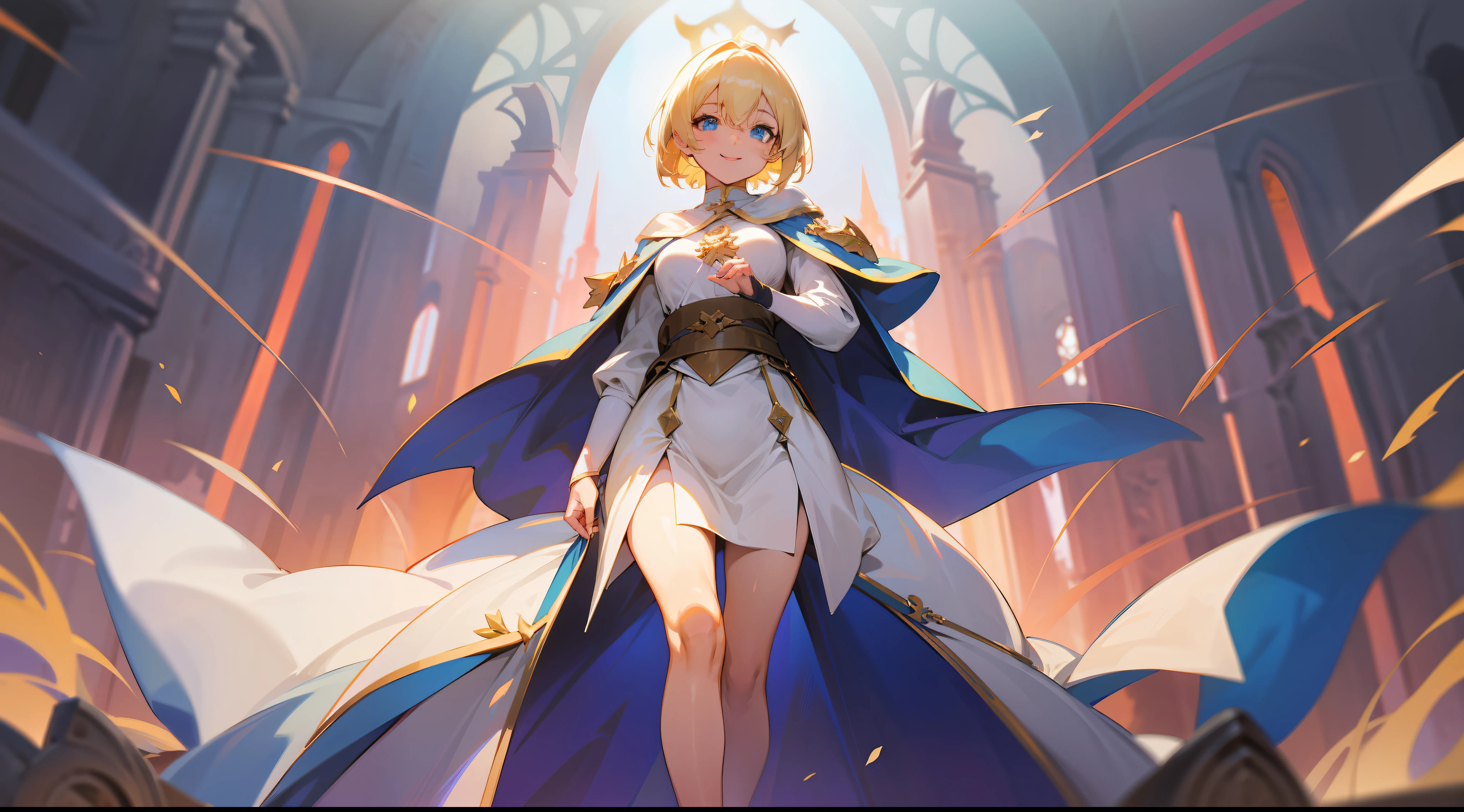 a girl, cleric, blonde, short hair, bright blue eyes, beautiful breasts, hair between eyes, bangs, full body, confident, heroic posture, smiling, white robe, cape, costume, medieval, at dusk