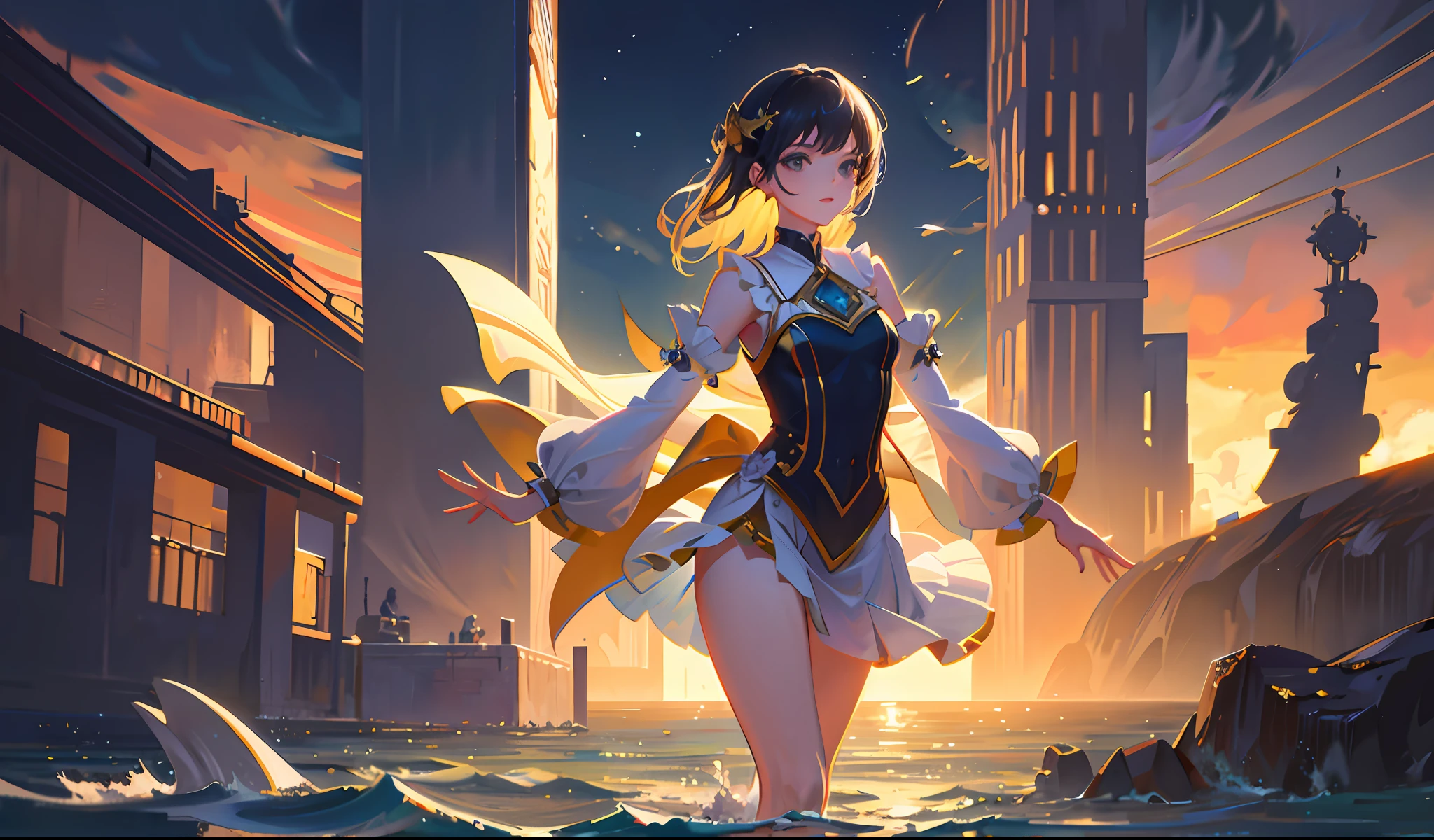masterpiece, top quality, super detailed, detailed background, high quality, highly detailed, best quality, illustration, cinematic light, one beautiful girl dancing in the sea, night, water surface, colorful, (outdoor: 1.3)