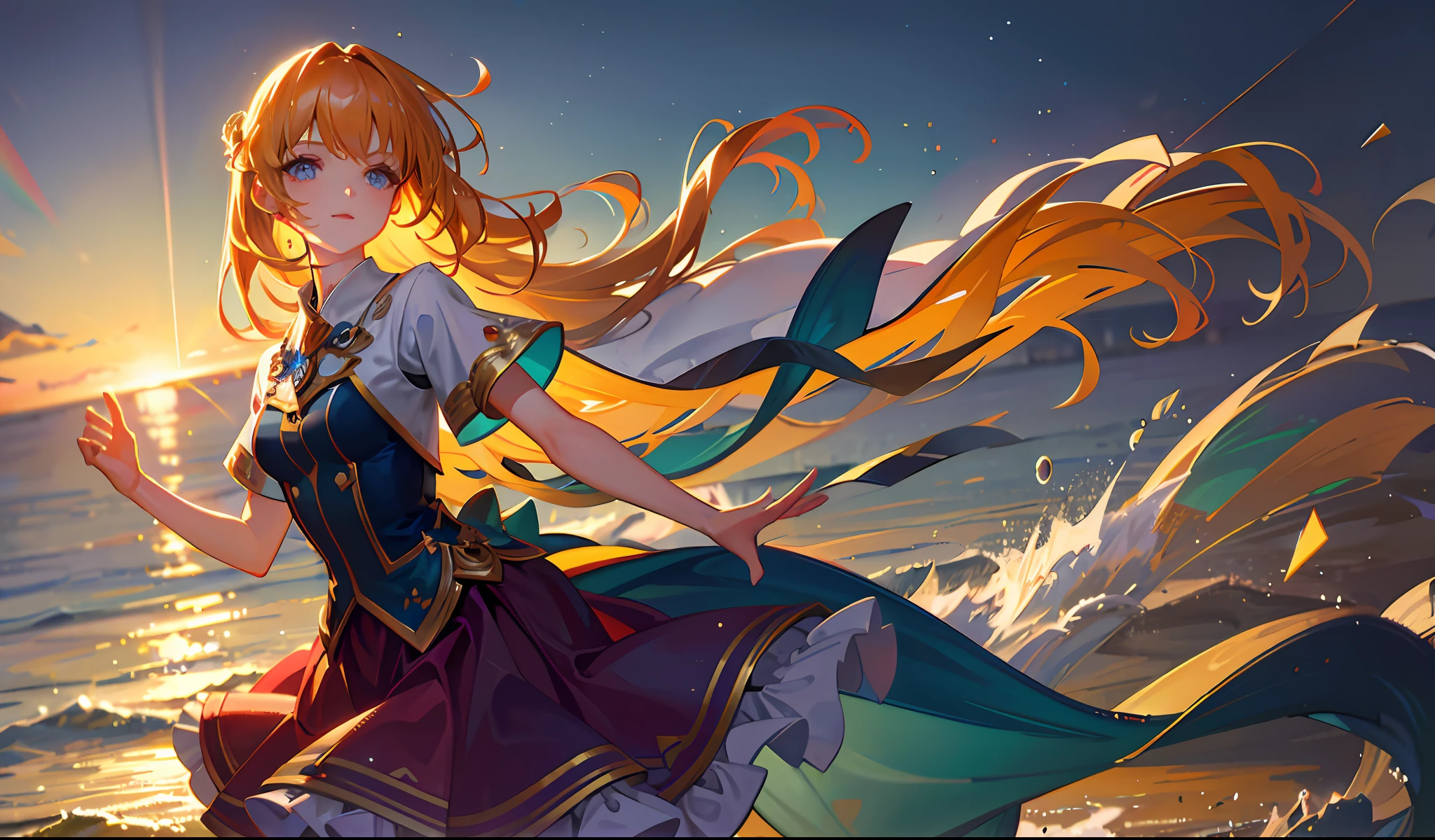 masterpiece, top quality, super detailed, detailed background, high quality, highly detailed, best quality, illustration, cinematic light, one beautiful girl dancing in the sea, night, water surface, colorful, (outdoor: 1.3)