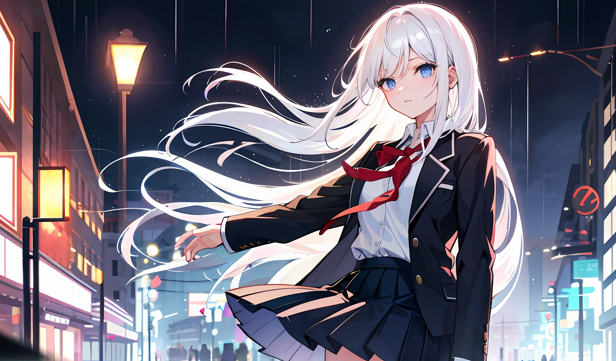 It's raining, white hair, girl, school uniform, black pleated skirt, blue eyes, street lamp, beautiful light, middle bangs