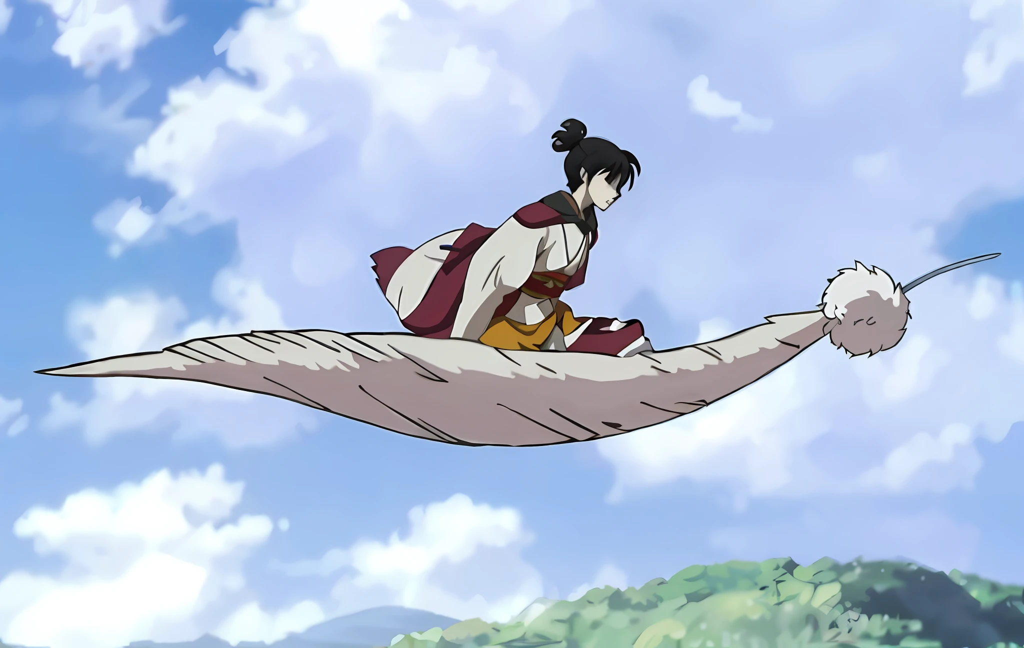 (Best Quality), (Realisticity: 1), Realistic skin texture, Background bokeh, Arakfi flying in the air with a sword in his hand, Inuyasha, Flying anime Esper, A Woman Floating in Mid-Air, Ghibli anime style, anime movie screenshots, Ghibli Chi and Spirited Away's atmosphere, Mizuzu, soaring in the sky, 2012 anime screenshots, characters flying, Umiha Renmi
