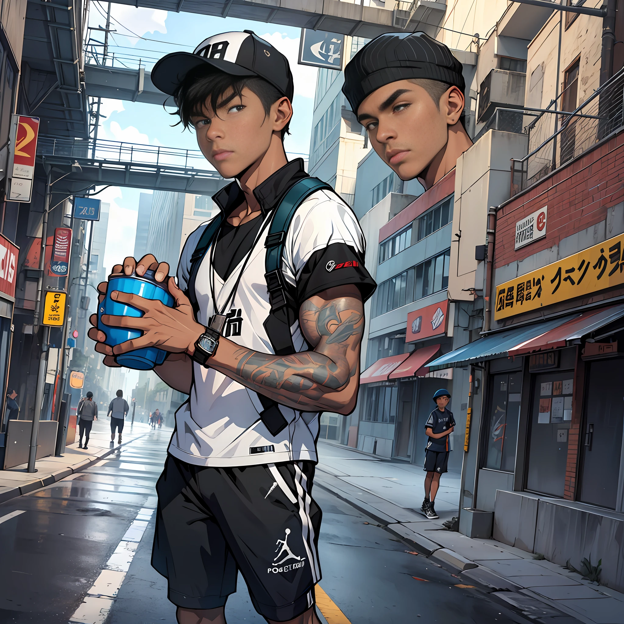 A boy playing skateboarding, The skateboard was carried by the boy to 45°, The boy is black, There is a cap on the head, There is a commemorative basketball bracelet on his hand, The clothes are Jordan's basketball clothes, The style is realistic, In the background, a futuristic warship flies by, with 3 pedestrians walking down the street drinking milk tea, There are also several sci-fi factories on the side of the road in the background, textured skin, super detail, super detail, anatomically correct, masterpiece, UHD, retina, ccurate, high details, high quality, award winning, best quality, highres, 1080P, HD --auto --s2