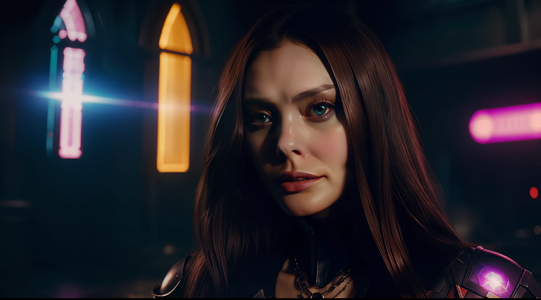 a sorceress, Elizabeth Olsen, in a cyberpunk world, vibrant, photorealistic, realistic, dramatic, dark, sharp focus, 8k