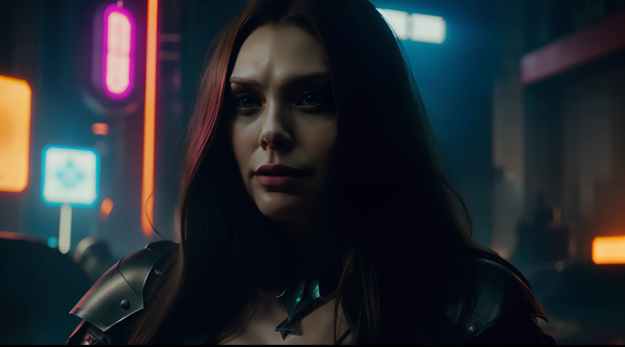 a sorceress, Elizabeth Olsen, in a cyberpunk world, vibrant, photorealistic, realistic, dramatic, dark, sharp focus, 8k
