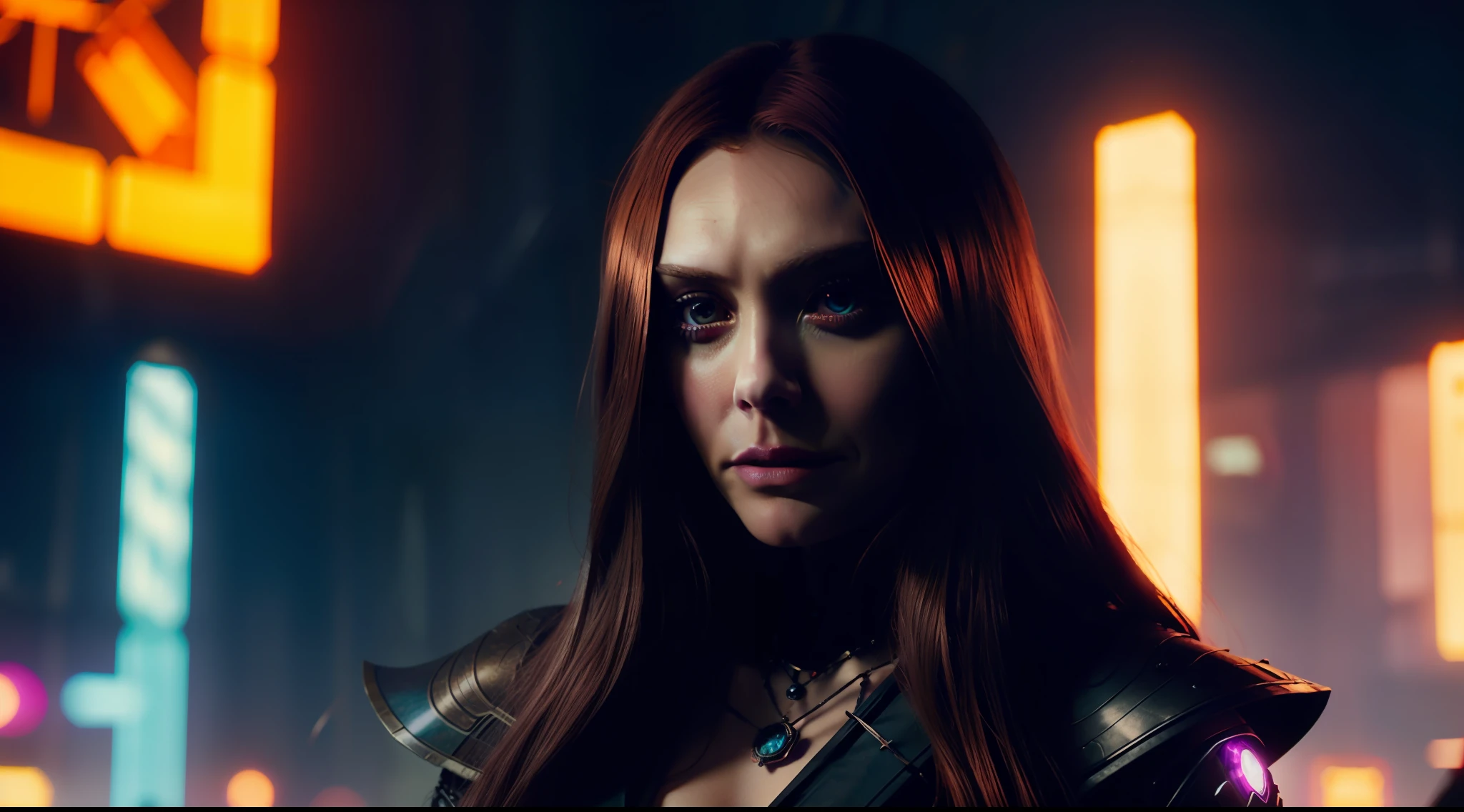 a sorceress, Elizabeth Olsen, in a cyberpunk world, vibrant, photorealistic, realistic, dramatic, dark, sharp focus, 8k