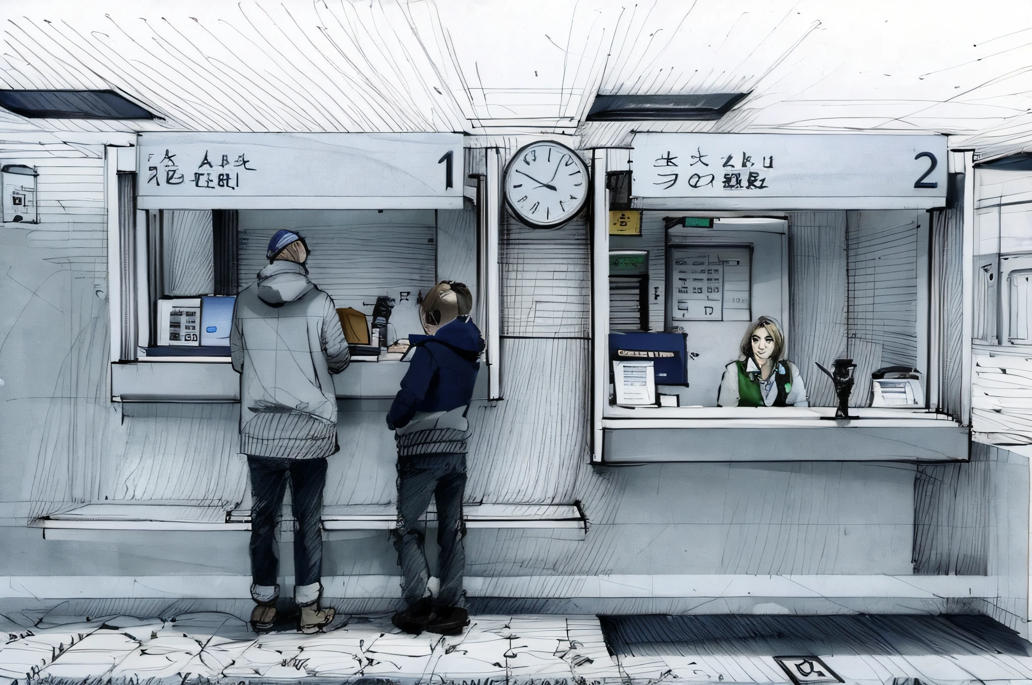 sketch, sketch, pen_sketch_style, there is a ticket office at the station, people buy a ticket, a watch