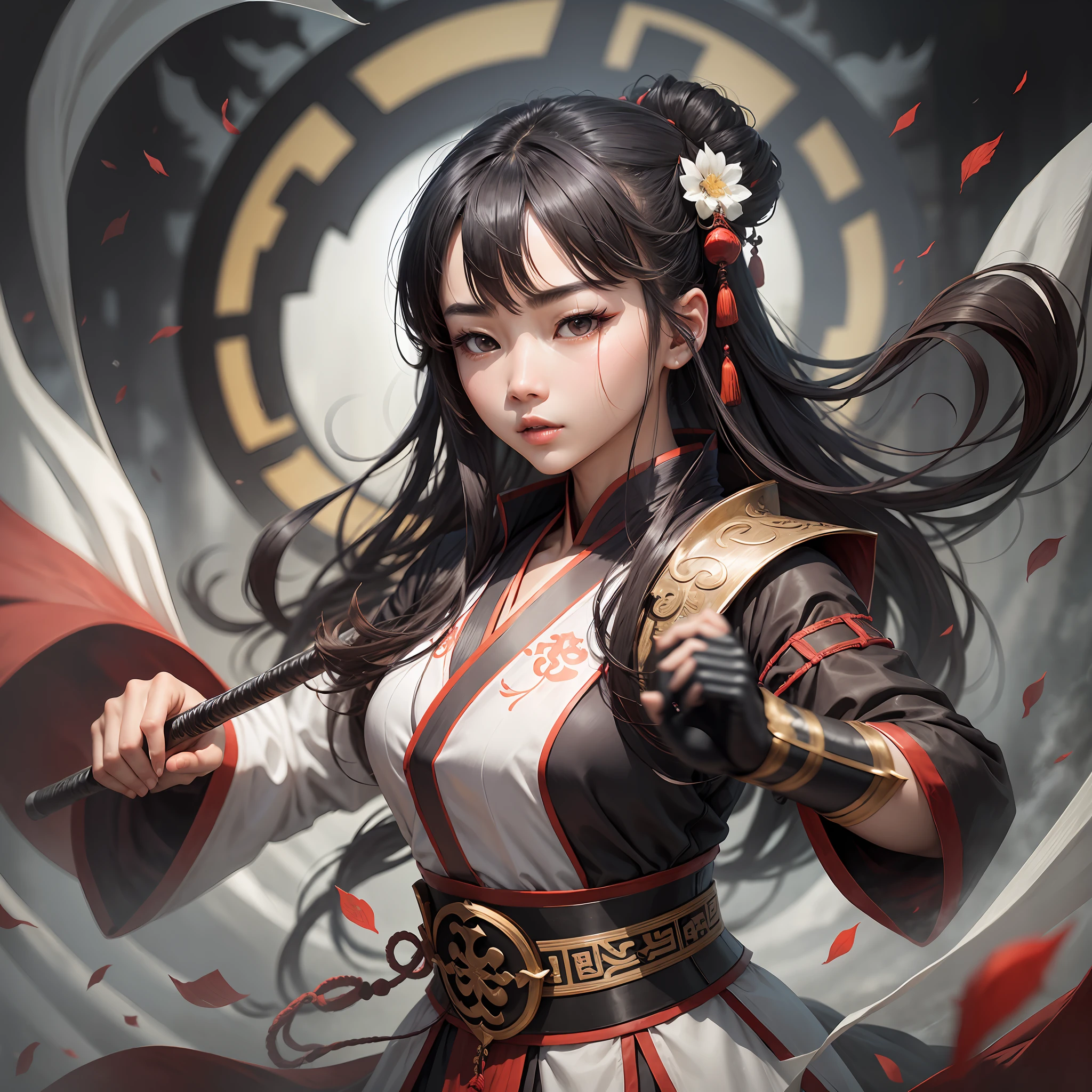 A handsome Chinese girl, sharp eyes, clear facial features, wearing Hanfu, fighting, body surrounded by black mist, runes, martial arts movements --auto --s2