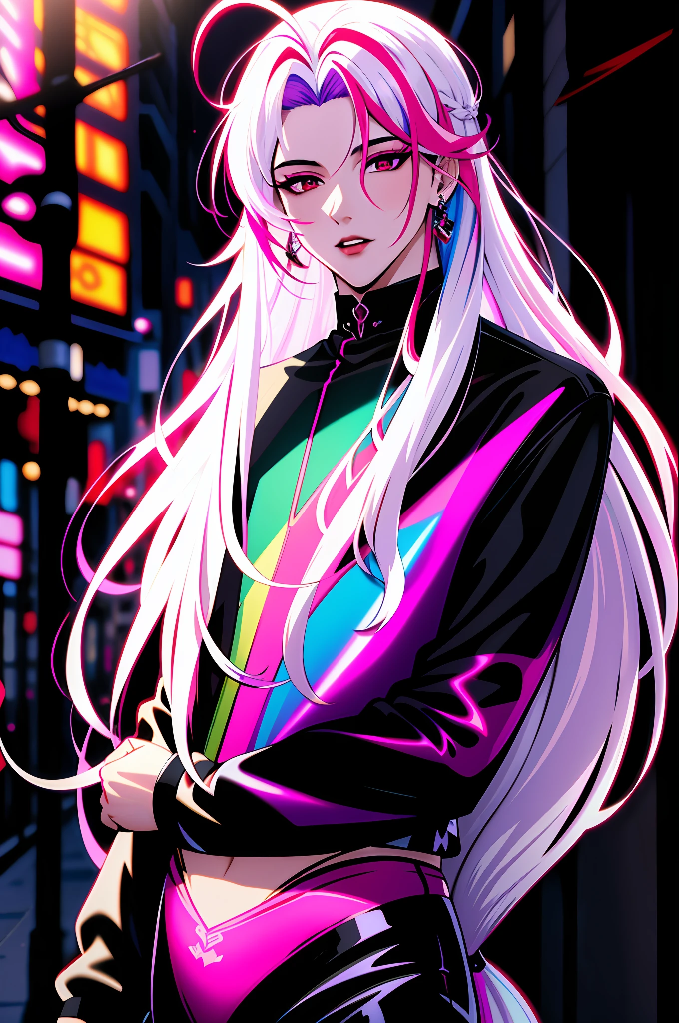 (masterpiece, best illustration, extreme light and shadow), 1guy, solo, vampire, white hair, red eyes, porcelain skin, long hair, magenta-streaked hair, ****pop, wearing a black futuristic holographic shirt, black holographic pants, street Paris,  jewelry, depth of field, vaporwave