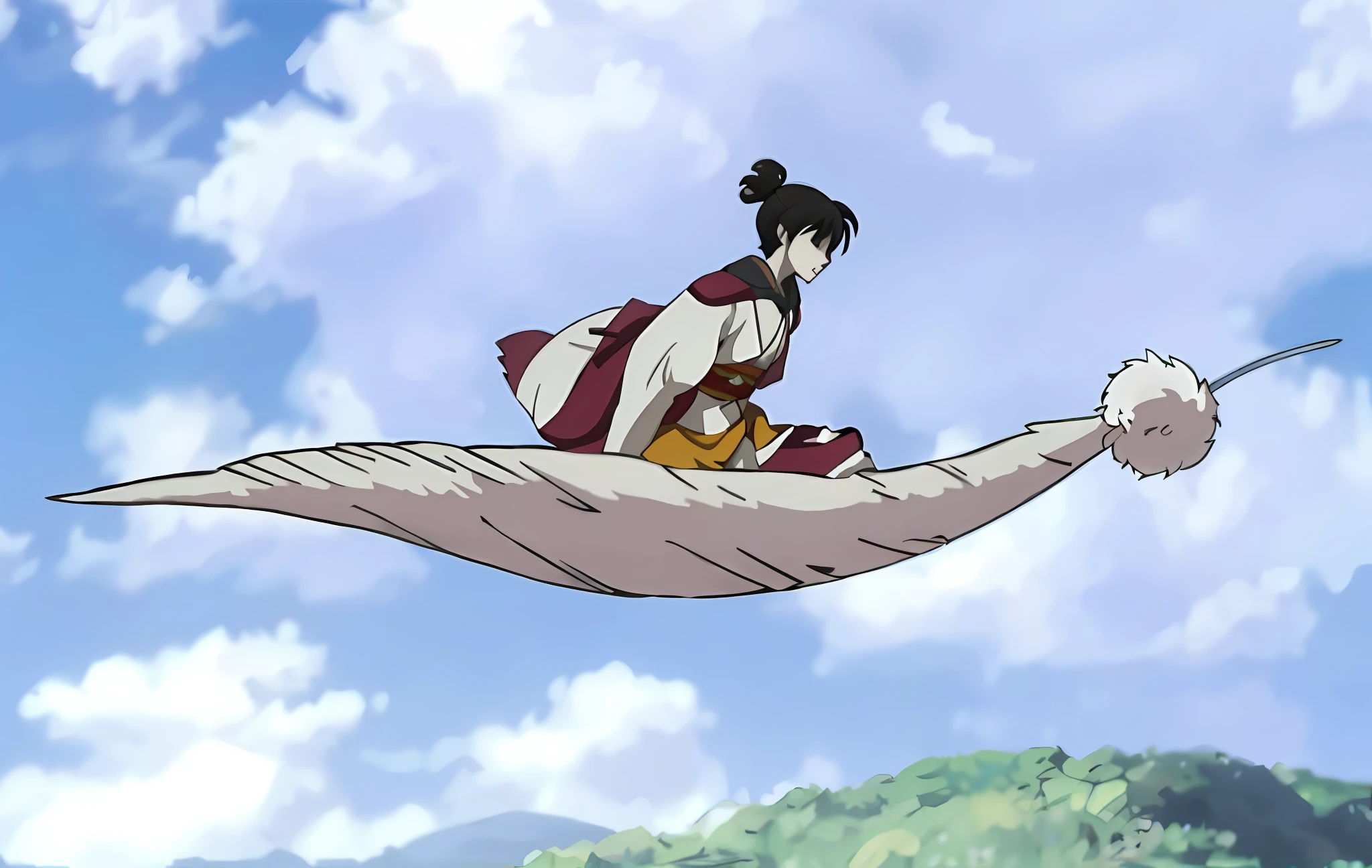 (Best quality), (Realisticity: 1), realistic skin texture, background bokeh, Araki flying in the air with a sword in his hand, Inuyasha, flying anime Esper, a woman floating in mid-air, Mizuzu, soaring in the sky, characters flying, Kaiwa Renmi
