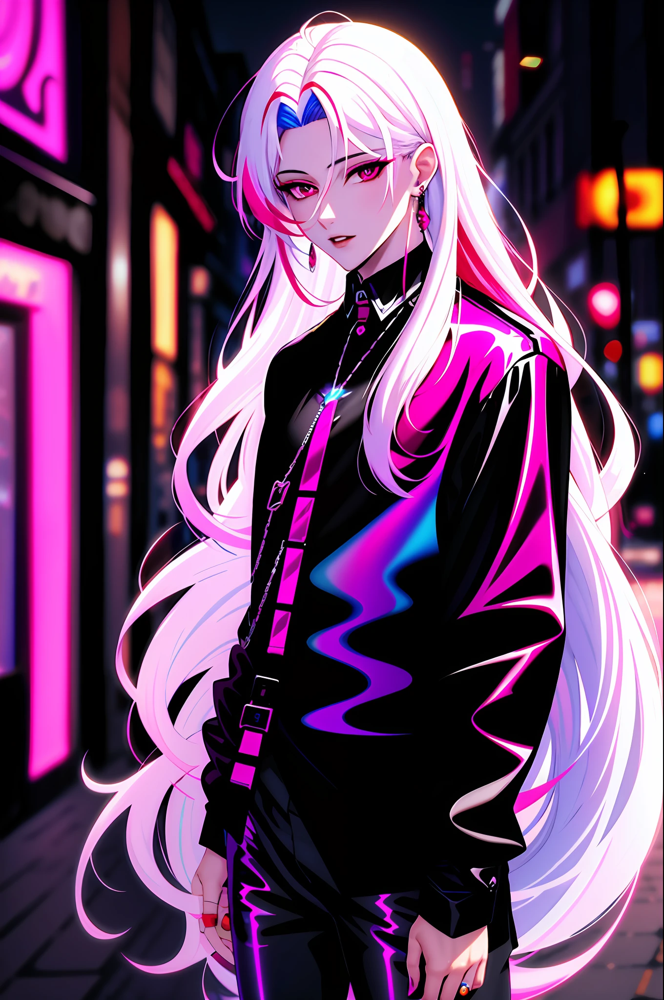 (masterpiece, best illustration, extreme light and shadow), 1guy, solo, vampire, white hair, red eyes, porcelain skin, long hair, magenta-streaked hair, lolipop, wearing a black futuristic holographic shirt, black holographic pants, street Paris,  jewelry, depth of field, vaporwave