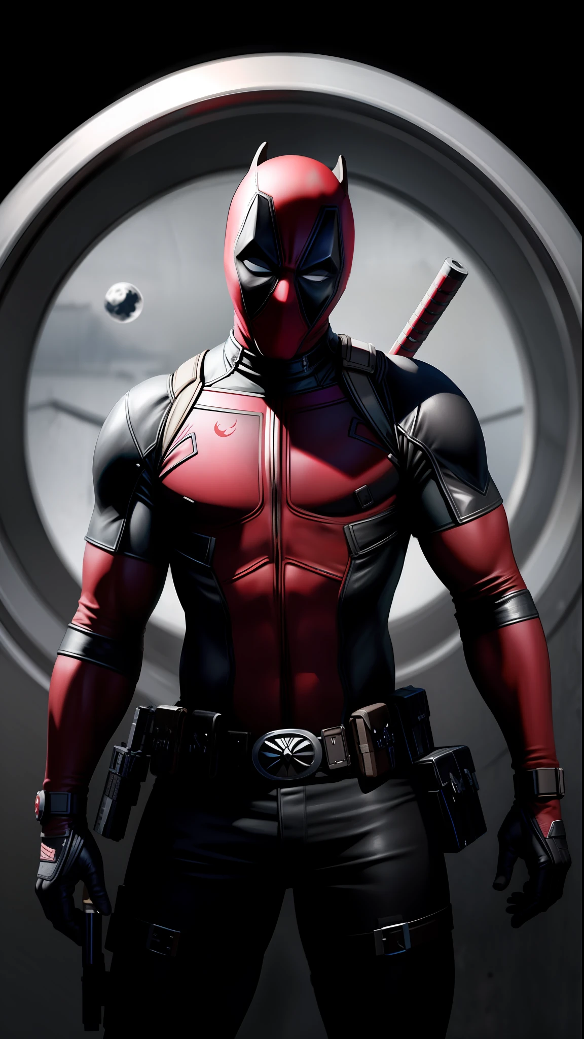 Best Quality, Masterpiece, High Detail, Most Realistic, High Resolution, Deadpool from Marvel, Moonless Night, Moonless Night, Blood Moon, Very Little Light, Very Dark, Very Dark, No Light, Fog