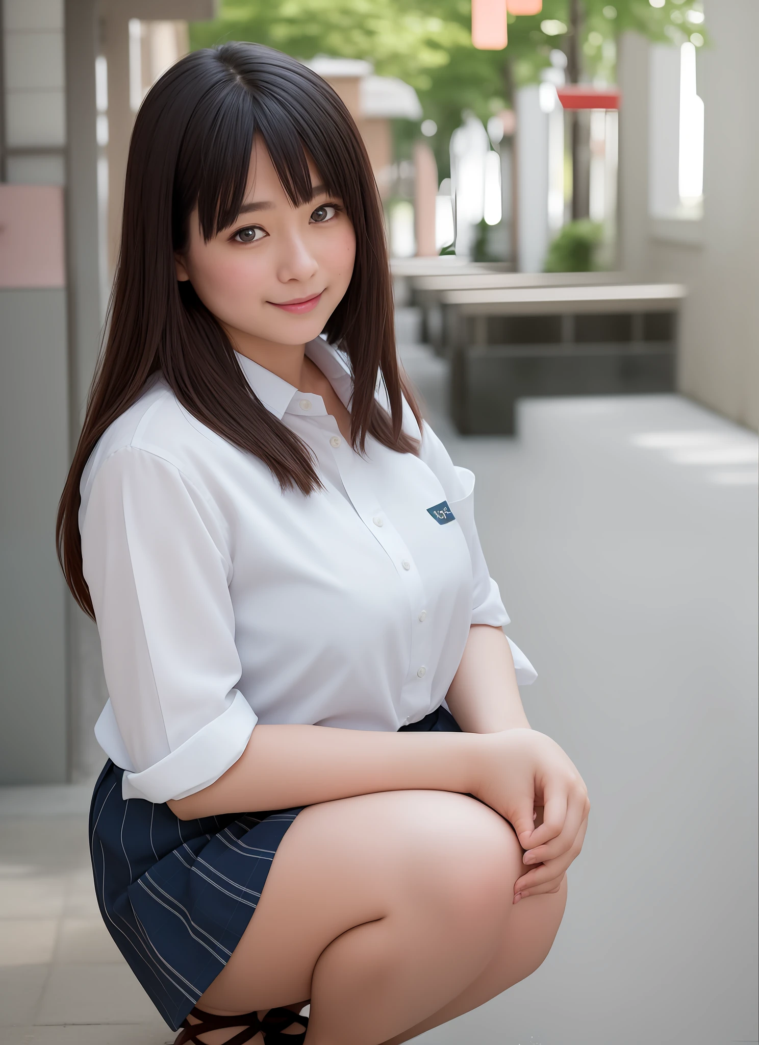 masterpiece, realistic, fine eye, beautiful, Japan person
Watch viewer, natural light, depth of field, film grain, wrinkled skin
34 years old, female, solo, huge breasts student, uniform, pleated skirt, freckles, smile, lips, bangs,
(squatting), (crowded Kyoto Street: 1.2), front view
