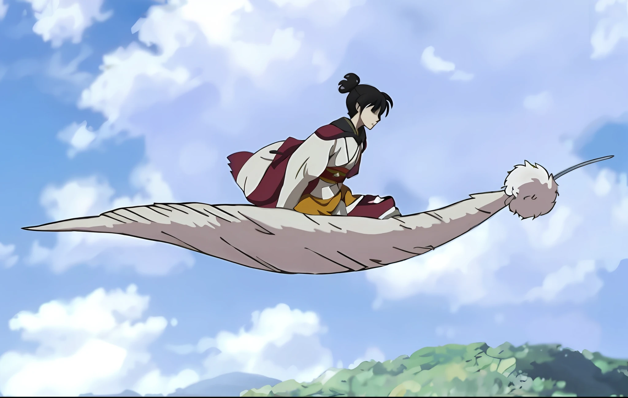 araffe flying through the air with a sword in its hand, inuyasha, flying anime esper, a woman floats in midair, style in ghibli anime, anime screenshot, ghibli spirited away vibe, mizutsune, soaring through the sky, screenshot from a 2012s anime, character is flying, haibane renmei