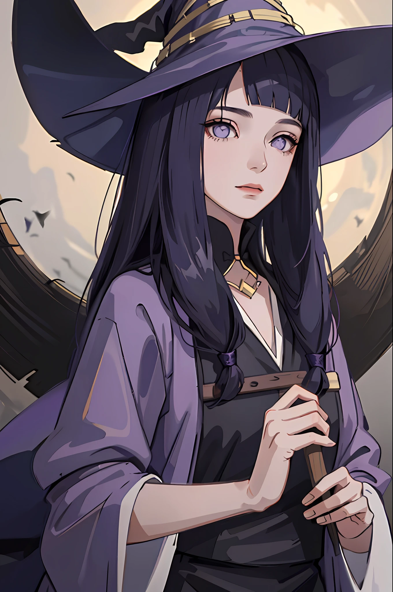 1 girl,witch, solo, long hair, (((witch attire))) , (((witch hat))) , masterpiece, perfect composition, detailed, detailed character, purple eyes, blunt bangs, dark blue hair, beautiful face, really beautiful face.