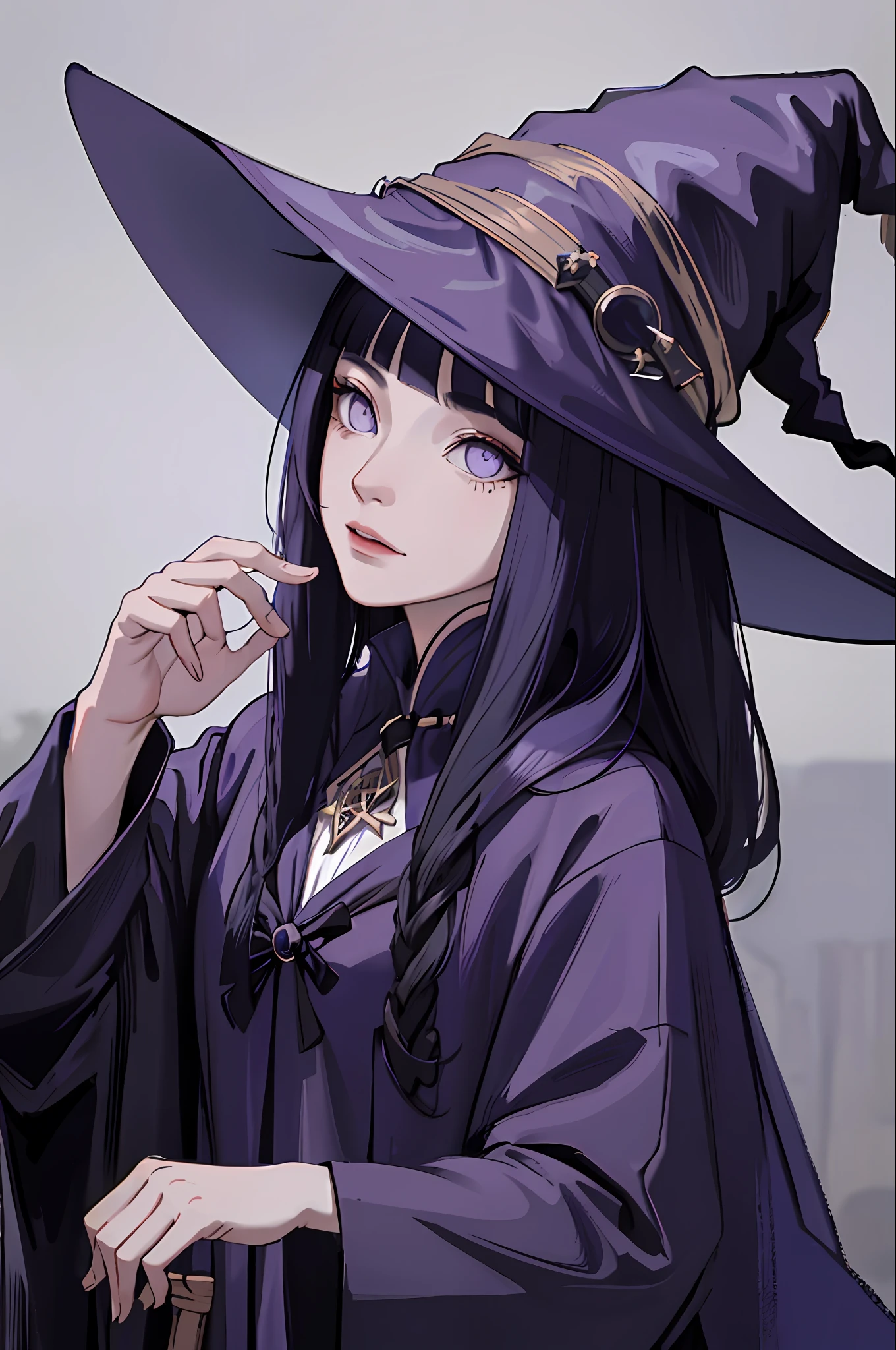 1 girl,witch, solo, long hair, (((witch attire))) , (((witch hat))) , masterpiece, perfect composition, detailed, detailed character, purple eyes, blunt bangs, dark blue hair, beautiful face, really beautiful face.