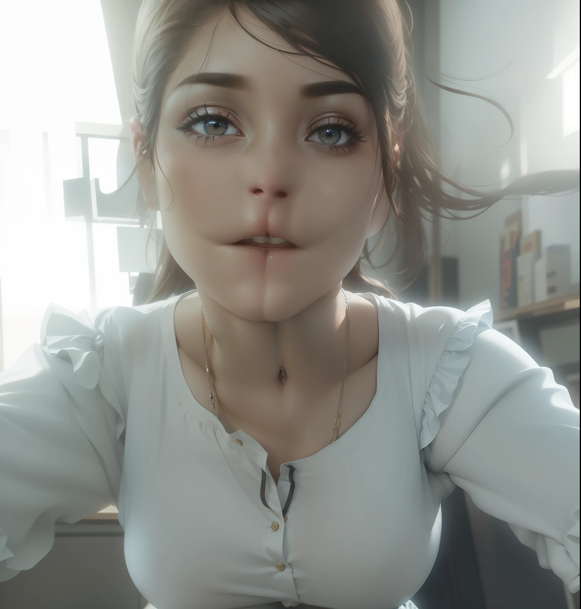 &quot;A girl is squatting in the classroom. She has brown hair and tight abdominal muscles. She puts her hands behind her back and opens her legs in an M shape. She is wearing a business uniform. The library is in the background. Pay attention to the details of the picture, especially the details of the eyes , emphasizing realism. This official art Unreal 8k wallpaper is a super detailed, beautiful and aesthetic masterpiece, the best quality. The use of dynamic angles shows the elegance and romanticism of the image. The character has big breasts, no panties and a camel toe shape.&quot;