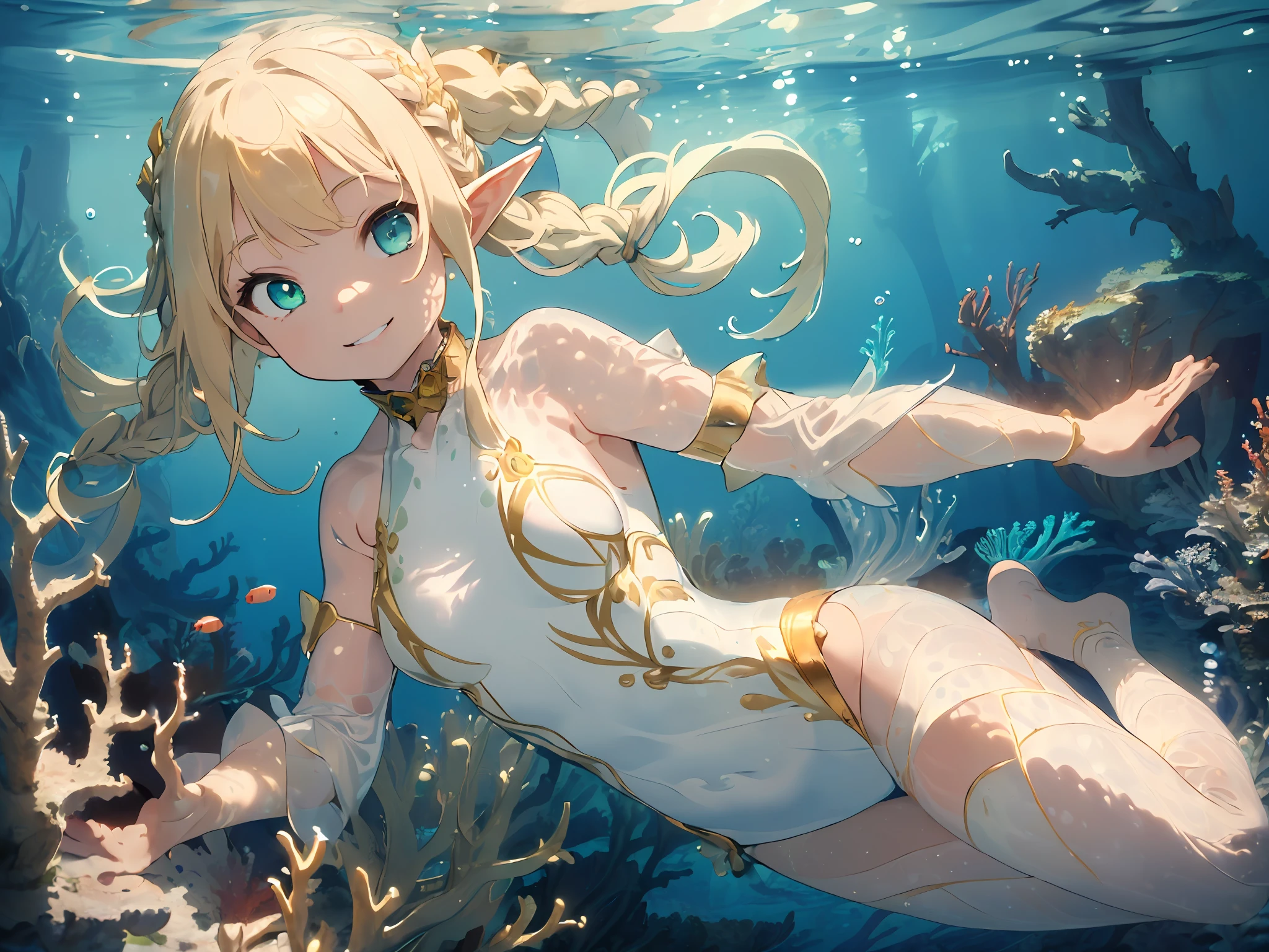 (((Masterpiece, highest quality, high precision, high and fine))), (((Fantasy)), One, (Elf Girl)))), (White swimsuit with gold embroidery), (Blonde long braid hair), (Big glowing dark green eyes, glowing eyes), Big, Smile, (((Wide underwater))), (Diving), (Beautiful coral)))), (((Lots of underwater life)))), ((Sunshine)), a lot of light particles are flying, dynamic angle