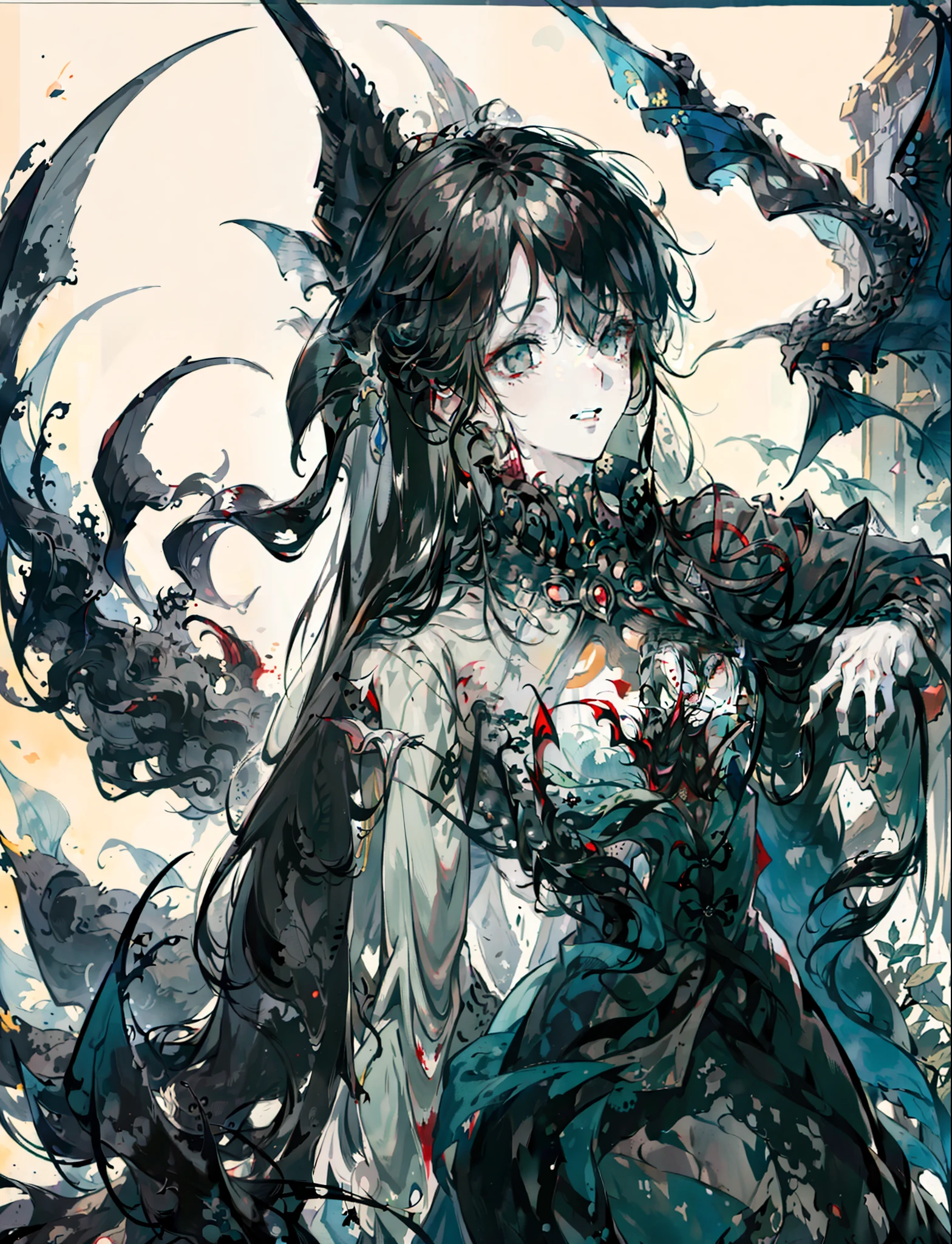 (masterpiece, best quality:1.2),bloody, beautiful face,(Gray\green skin),mermaid, highly detailed, {best quality}, {{depth of field}}, illustration, solo, sharp focus, {{character {1 boy }}, (black straight hair:1.6),(hair is straight and loose), beautiful detailed eyes, sharp teeth, {looking at viewer},{masterpiece illustration},full body, normal angle,horror art, creepy, beautiful form of chaos, elegant, dull colors, romanticism,an evil mermaid siren, maniacal smile, atmospheric, death, decay, horror art, blood,
