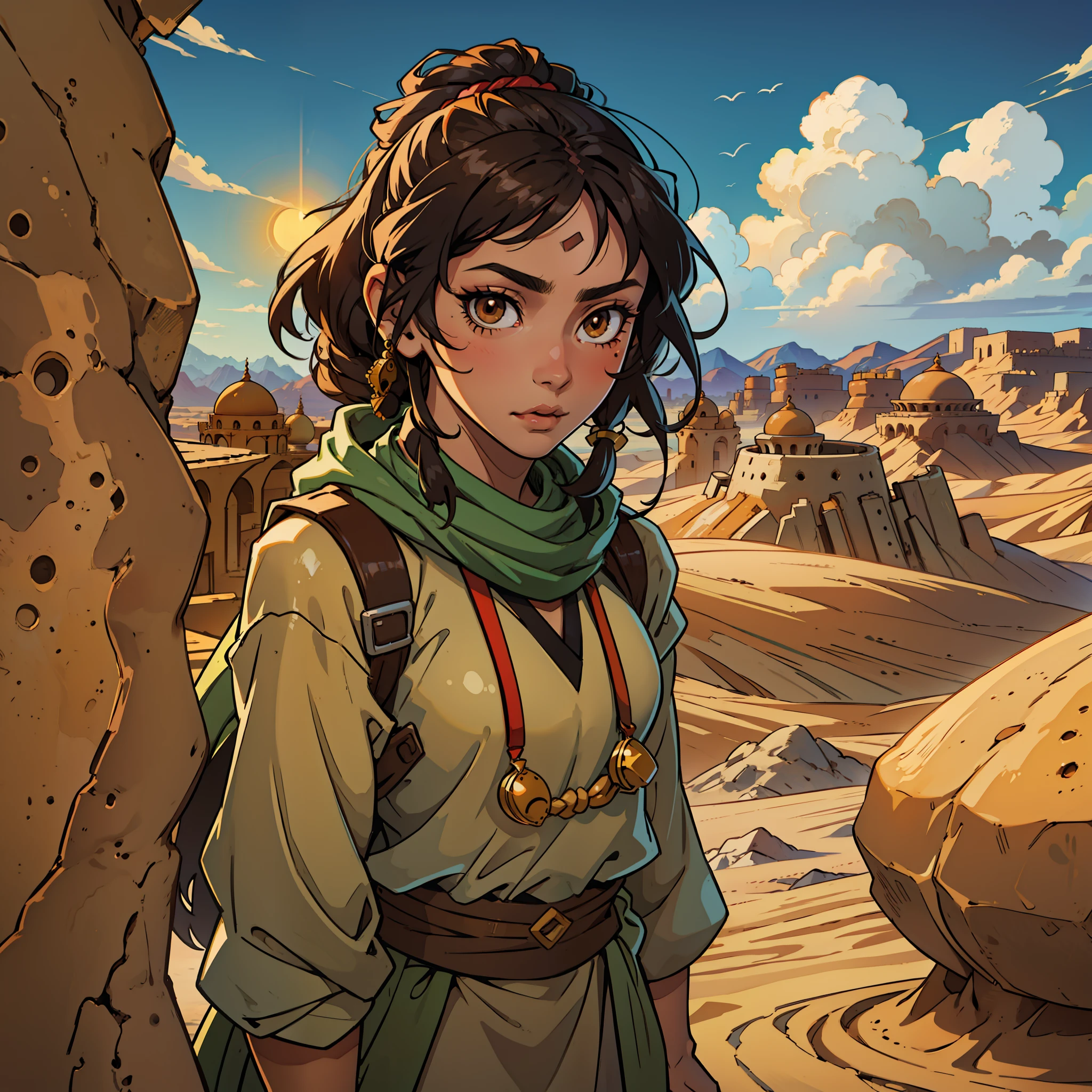 Arabic anime girl with big nose and dark hair, in desert, brown eyes, tan skin --auto --s2