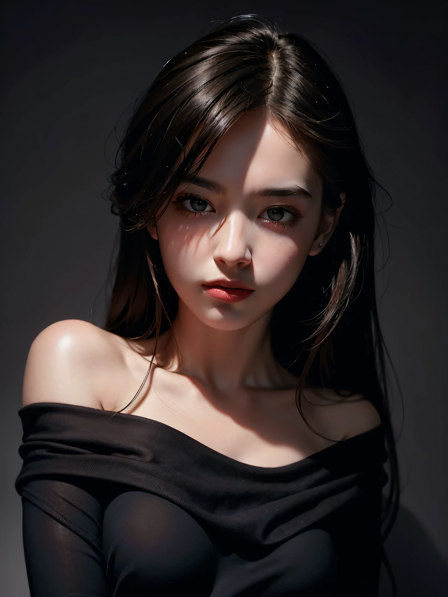 Best quality, masterpiece, ultra high res, (photorealistic:1.4), raw photo, 1girl, offshoulder, in the dark, deep shadow, low key, cold light