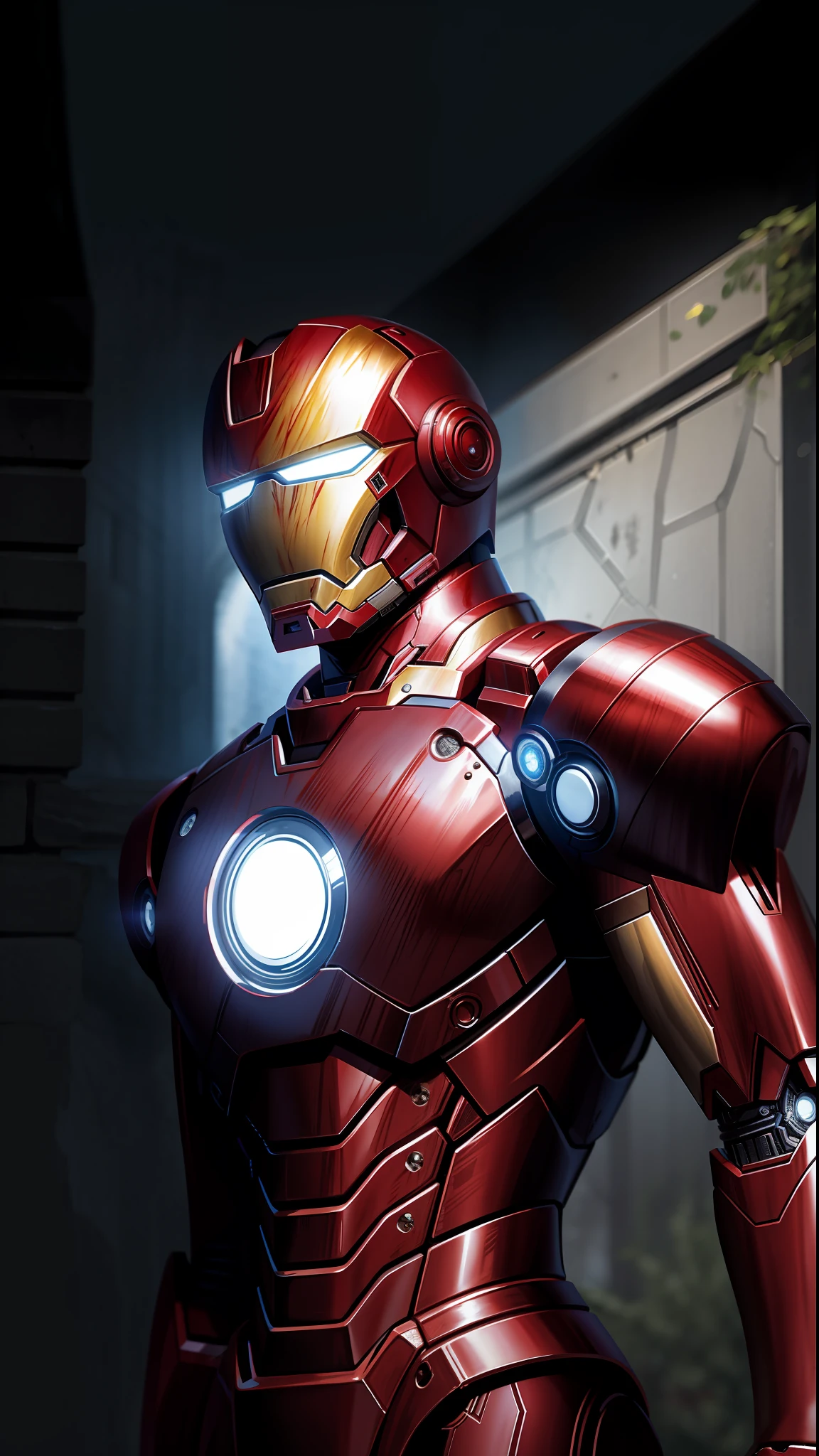 Best Quality, Masterpiece, High Detail, Most Realistic, High Resolution, Iron Man from Marvel, Moonless Night, Moonless Night, Blood Moon, Very Little Light, Very Dark, Very Dark, No Light, Fog