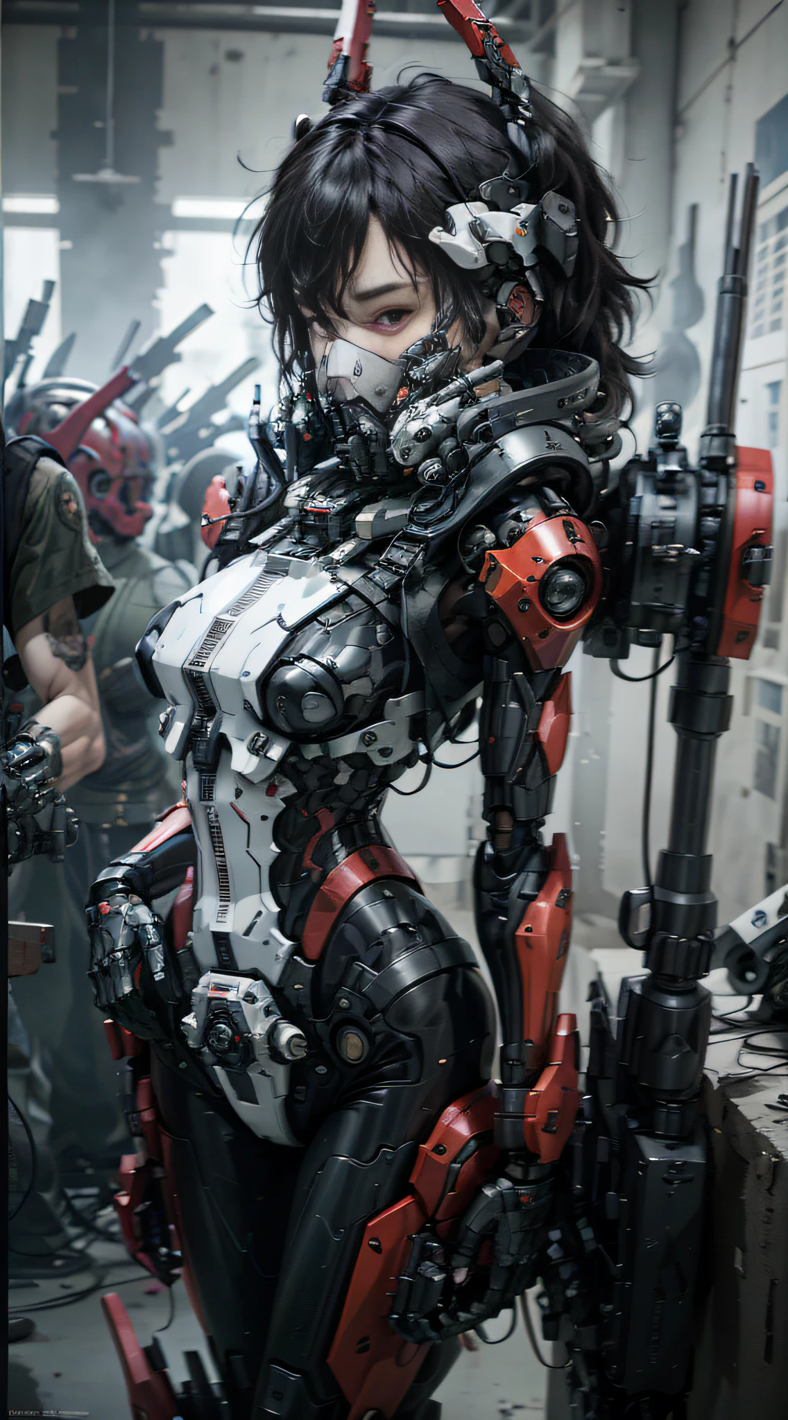 This is a CG Unity 8k wallpaper with ultra-detailed, high-resolution and top quality in cyberpunk style, dominated by black and red. In the picture, a beautiful girl with short white messy hair, a delicate face, wearing a steam mecha mask, standing on the ruins, (battle damage: 1.5), the action of a woman holding a heavy sniper rifle in her hand,