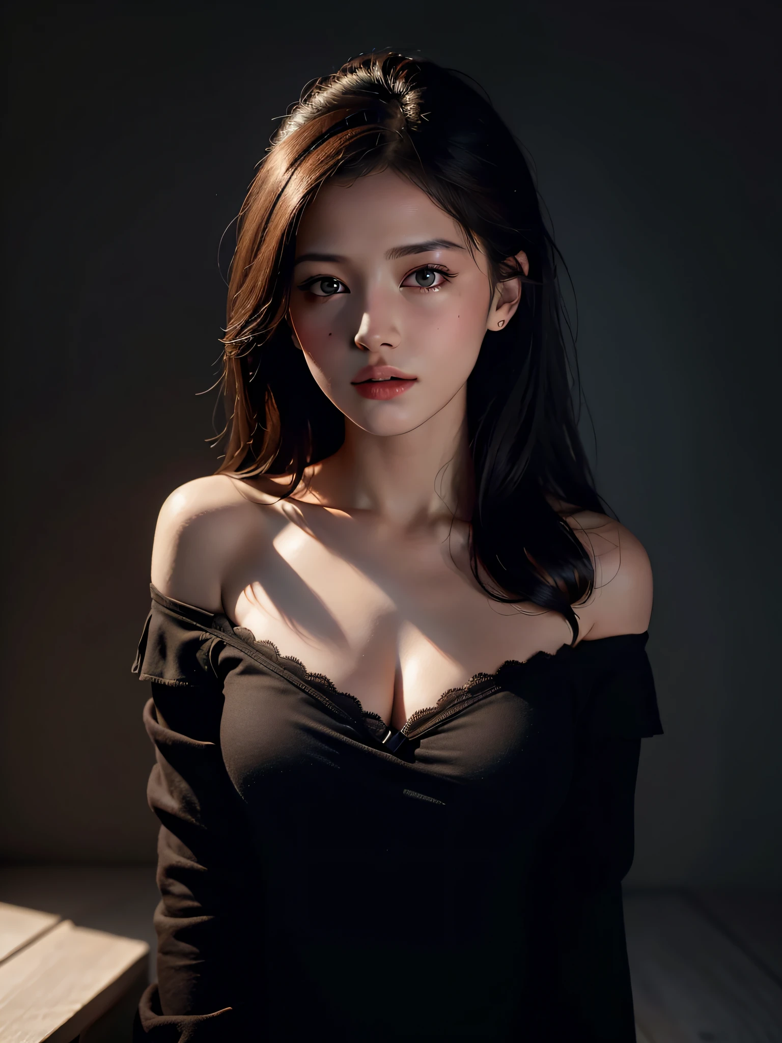 Best quality, masterpiece, ultra high res, (photorealistic:1.4), raw photo, 1girl, offshoulder, in the dark, deep shadow, low key, cold light