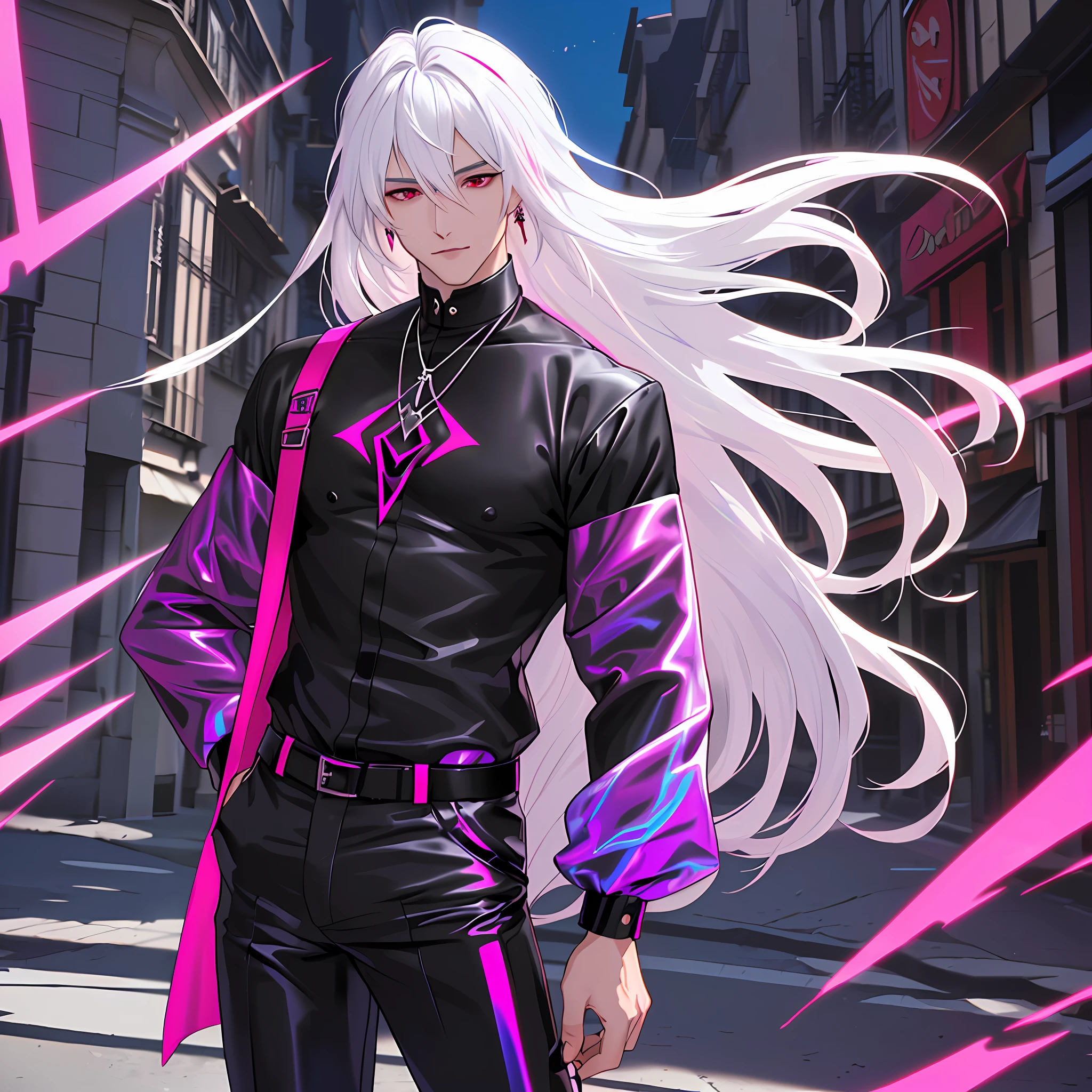 (masterpiece, best illustration, extreme light and shadow), 1guy, solo, vampire, white hair, red eyes, porcelain skin, long hair, magenta-streaked hair, lolipop, wearing a black futuristic holographic shirt, black holographic pants, street Paris, jewelry, depth of field, vaporwave