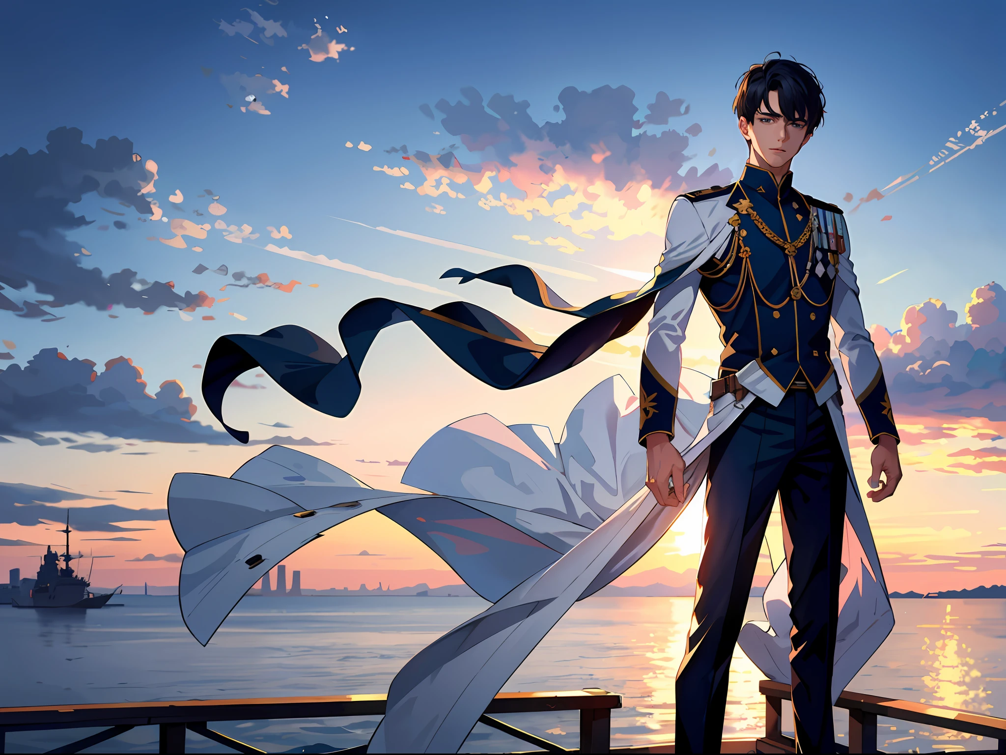 HD resolution, ultra-clear picture, best illustration, super detailed, a handsome young man in a white combat uniform, standing on the pier, the background presents a technological style.