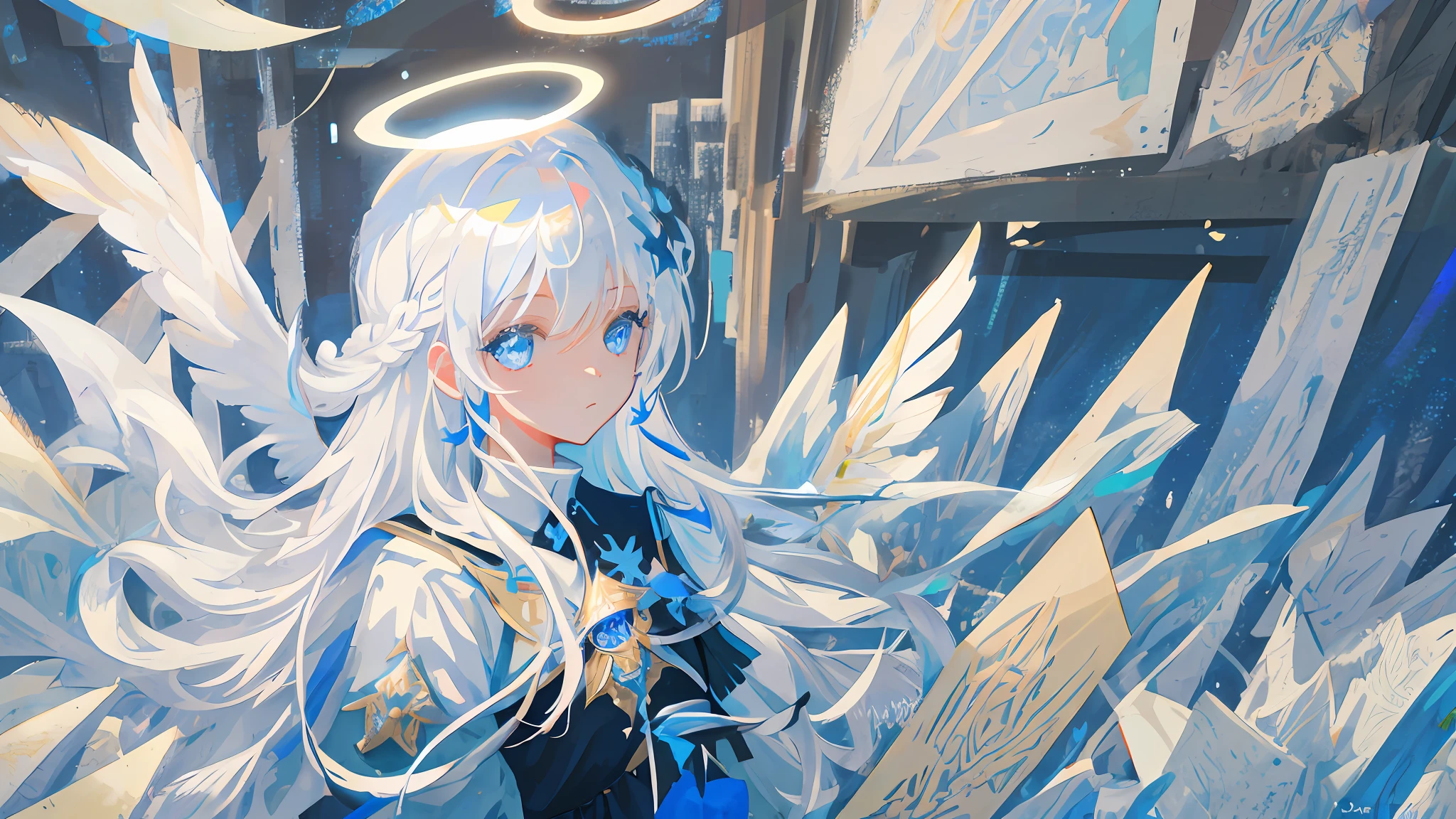 mksks style, masterpiece, best quality, super detailed, illustration, direct, face focus, 1girl, white hair, blue eyes, long hair, halo, angel wings, calm expression, looking at the viewer, far away