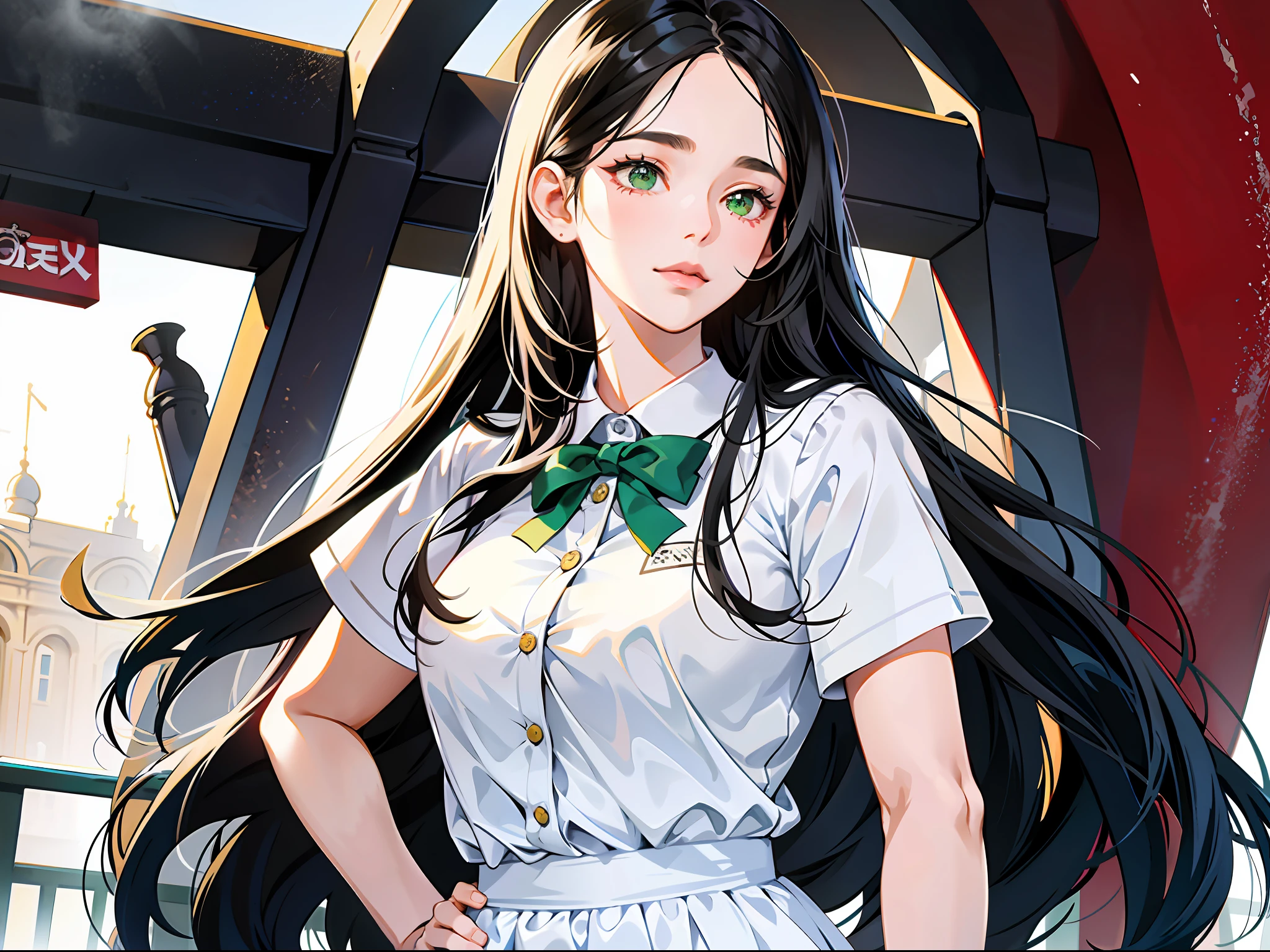 99 girl, long jet black hair, parted bangs, plump straight hair, green eyes, reserved, "White School Uniform", background: campus gate