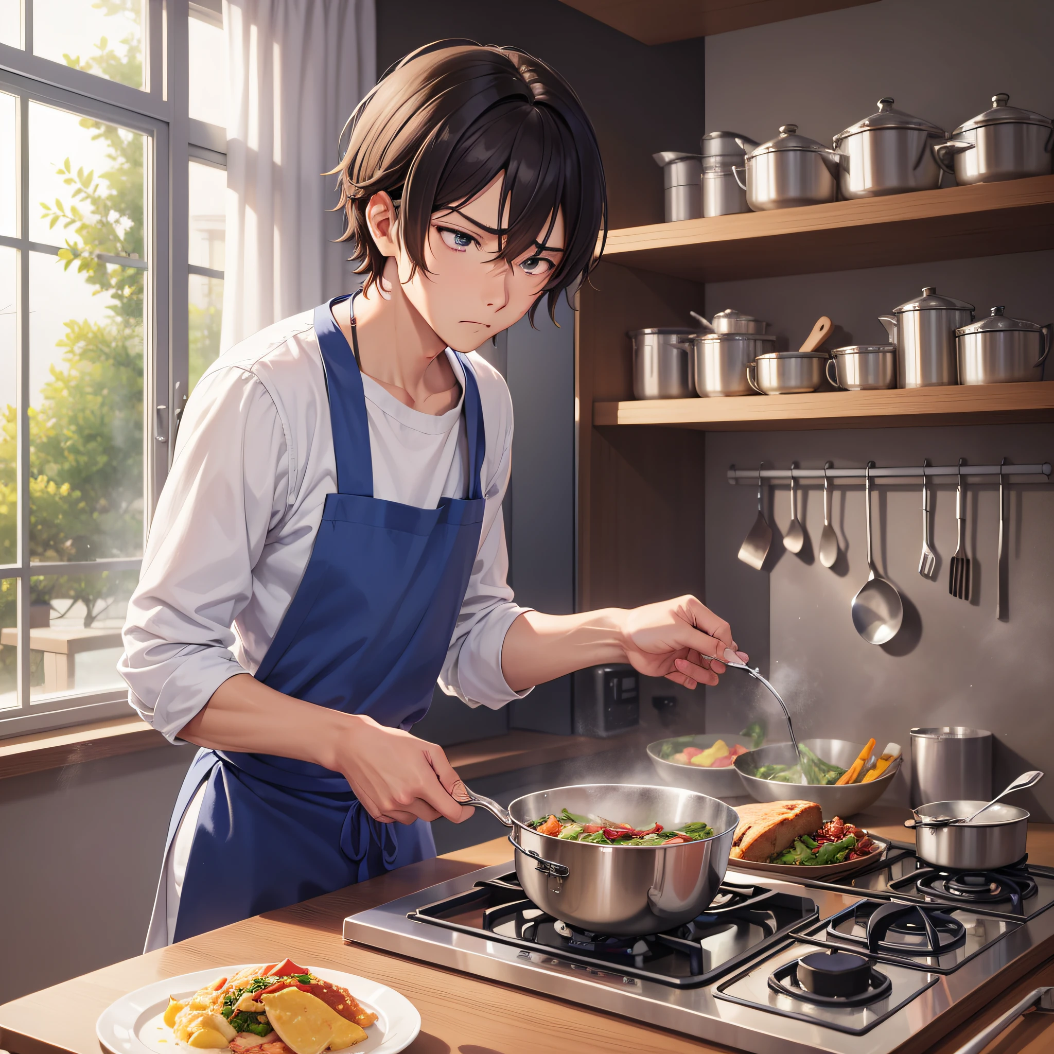 Man who loves to cook, anime, troubled face